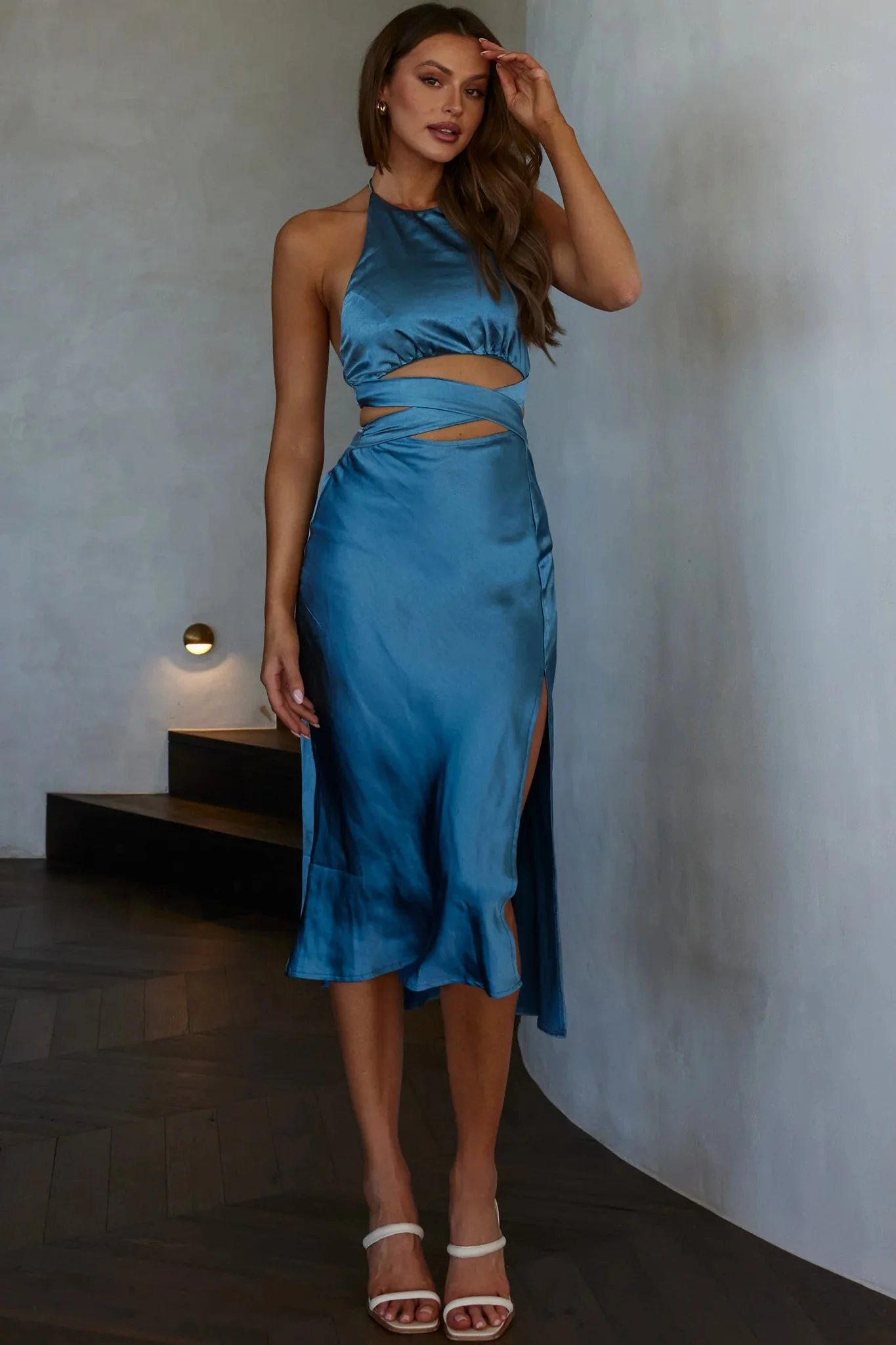 Social Butterfly Cut-Out Waist Midi Dress Midnight Blue