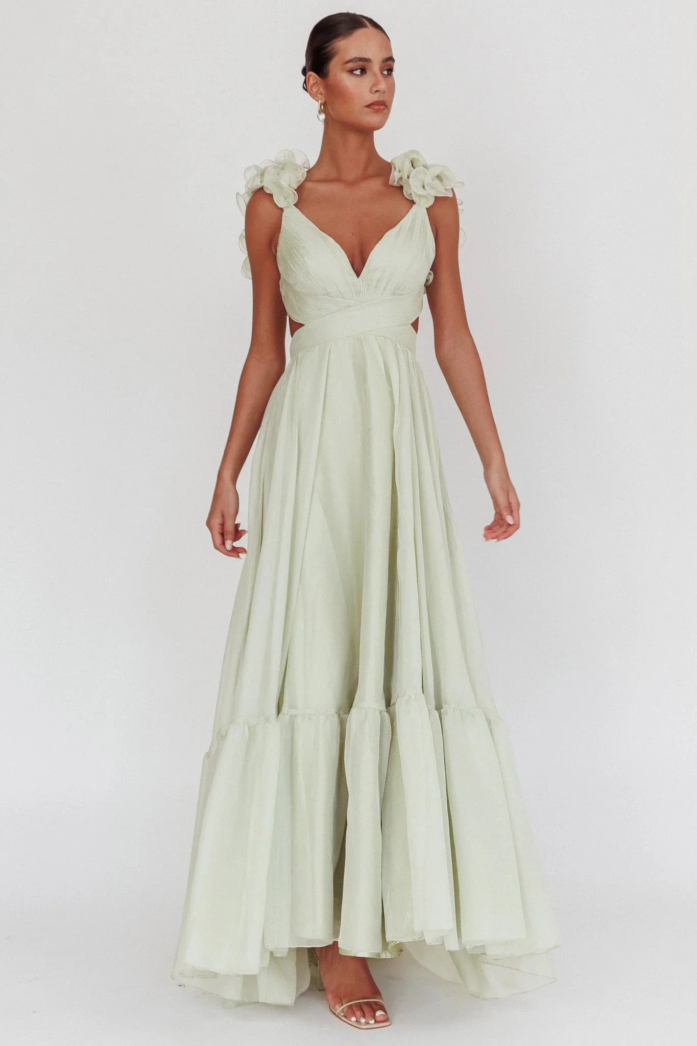 Bellamy Lace-Up Back Ruffle Maxi Dress Sage