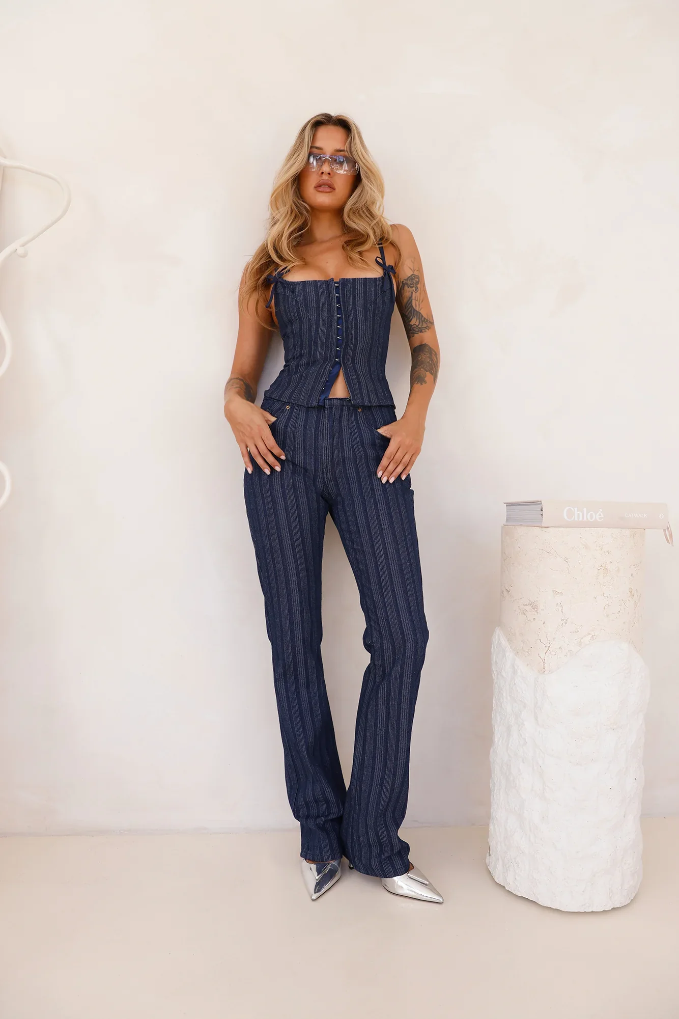 LIONESS Charismatic Denim Corset Dark Pinstripe