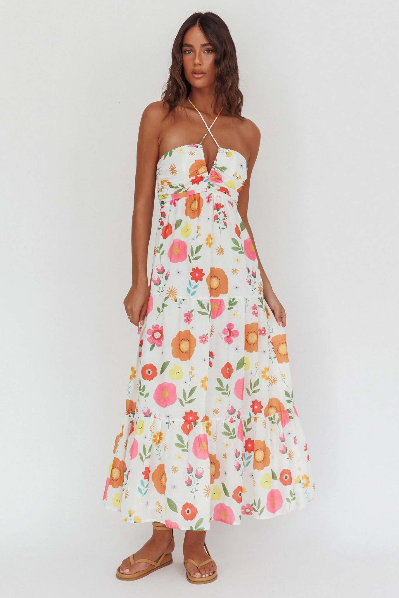 Asiah Gathered Bust Halterneck Maxi Dress Floral White