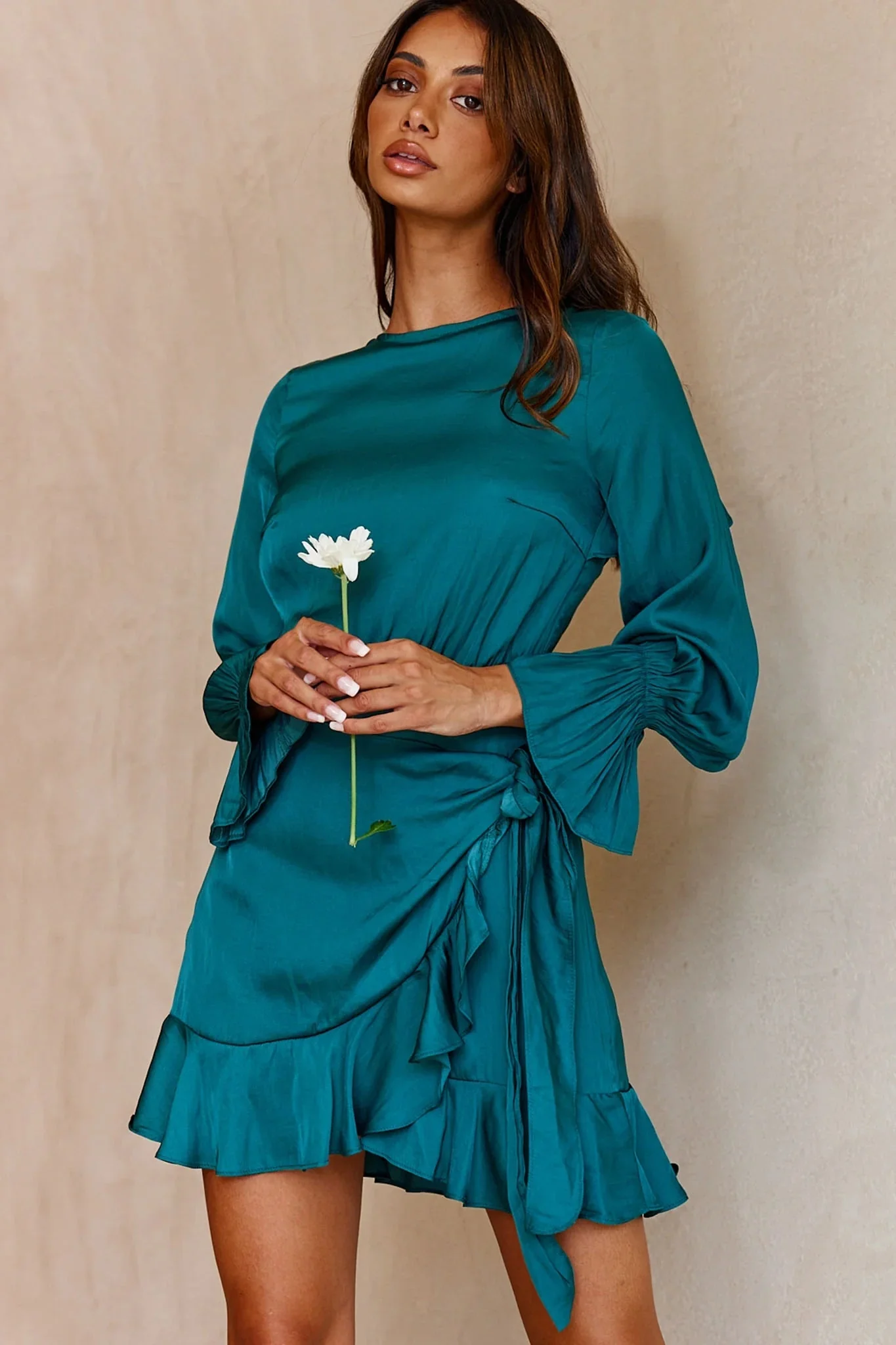 Darla Long Sleeve Satin Dress Forest Green