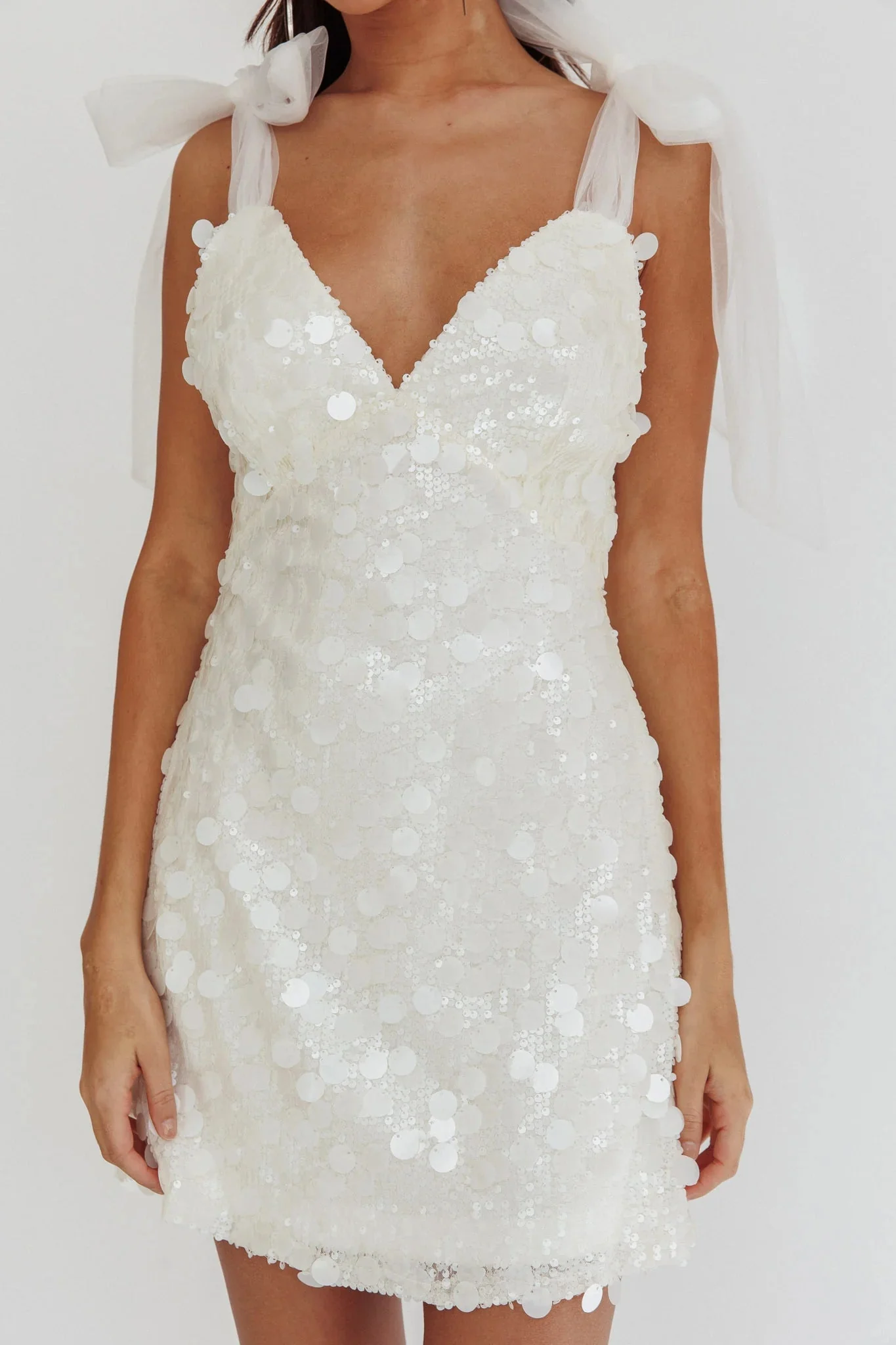 Mykonos Morning Tied Shoulder Sequin Mini Dress White