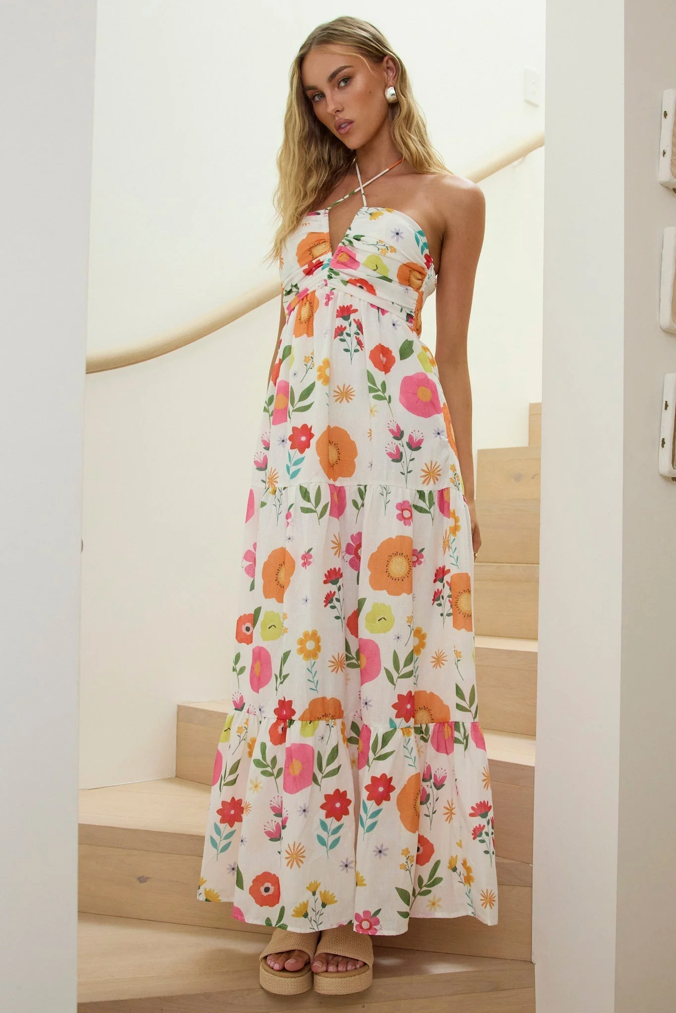 Asiah Gathered Bust Halterneck Maxi Dress Floral White