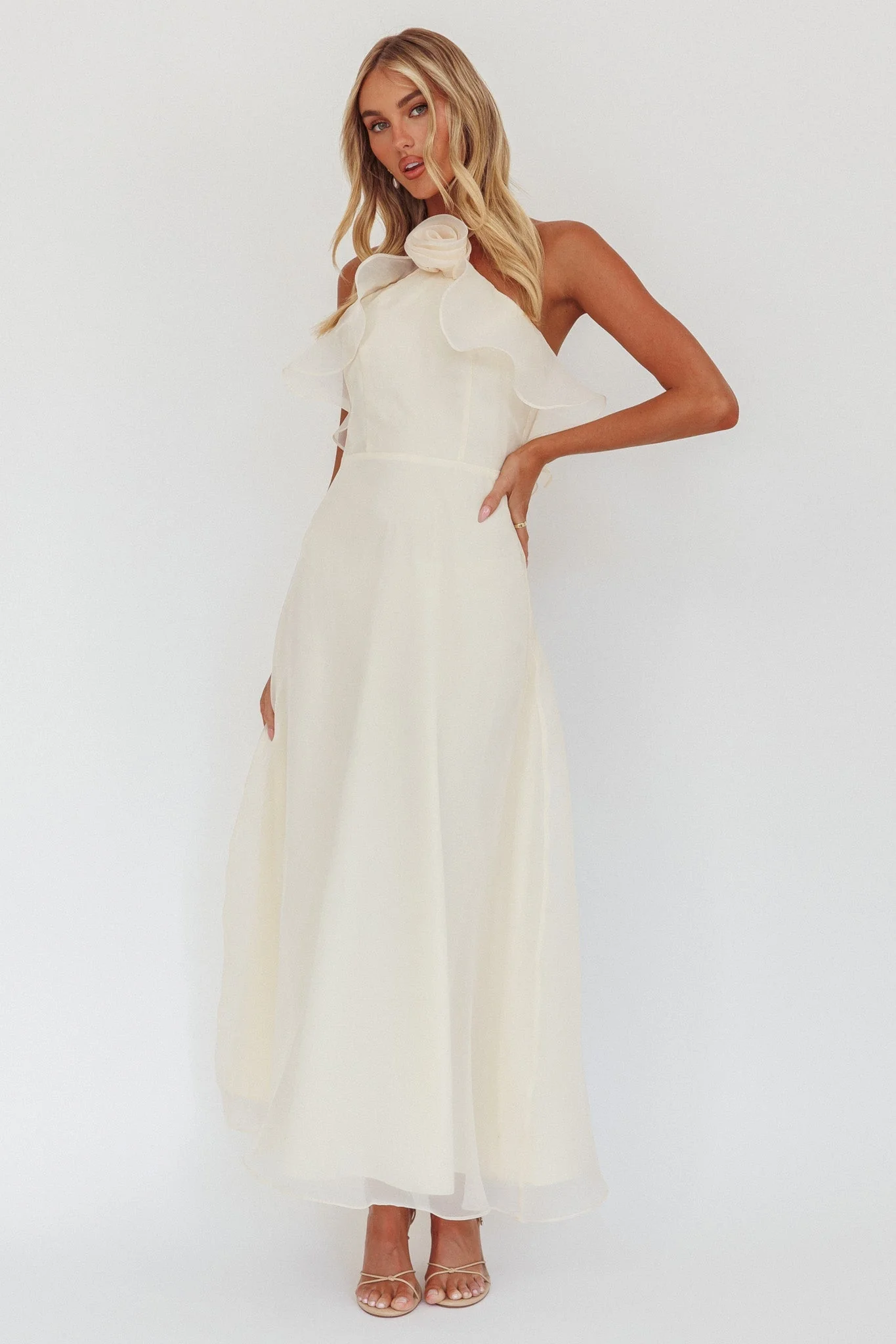 Cordially Invited Ruffle Neckline Rosette Maxi Vanilla