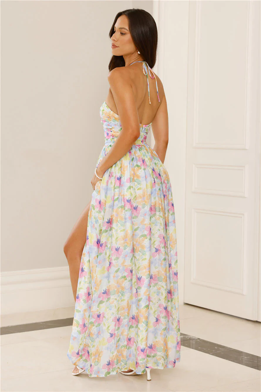 Hibiscus Hues Halter Maxi Dress Print