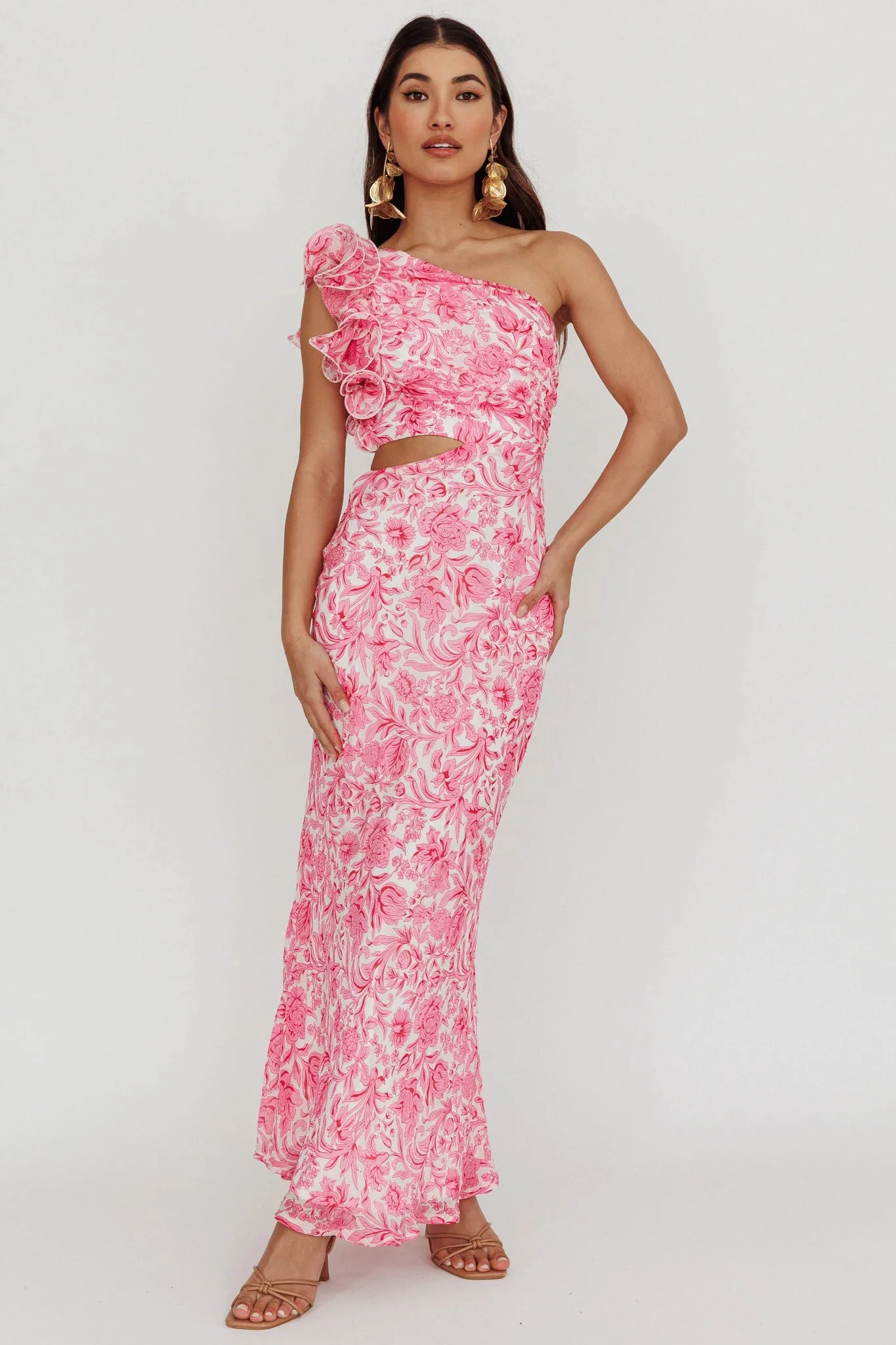 Deanna One-Shoulder Ruffle Midi Dress Floral Pink