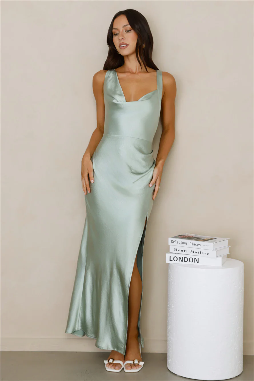 High Class Wedding Satin Maxi Dress Sage