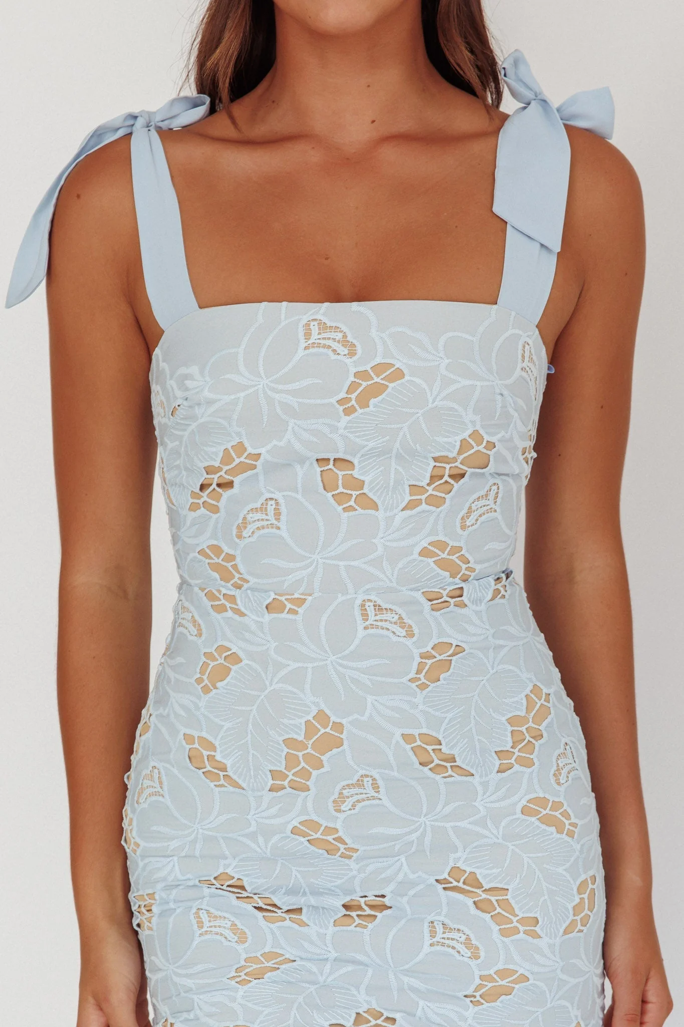 Coastal Bloom Tied Shoulder Maxi Dress Embroidered Baby Blue