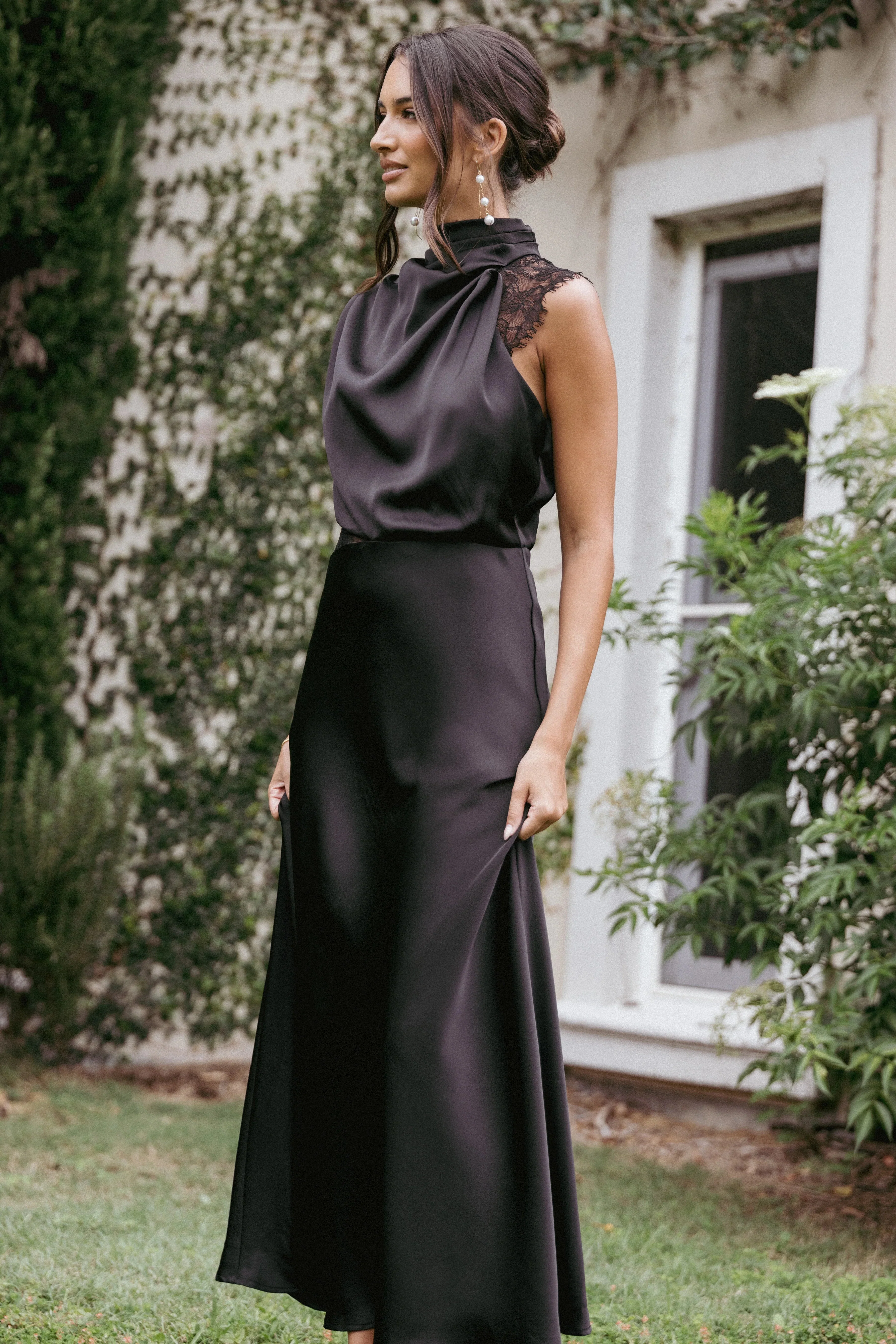 Anabelle Halter Neck Lace Maxi Dress - Black