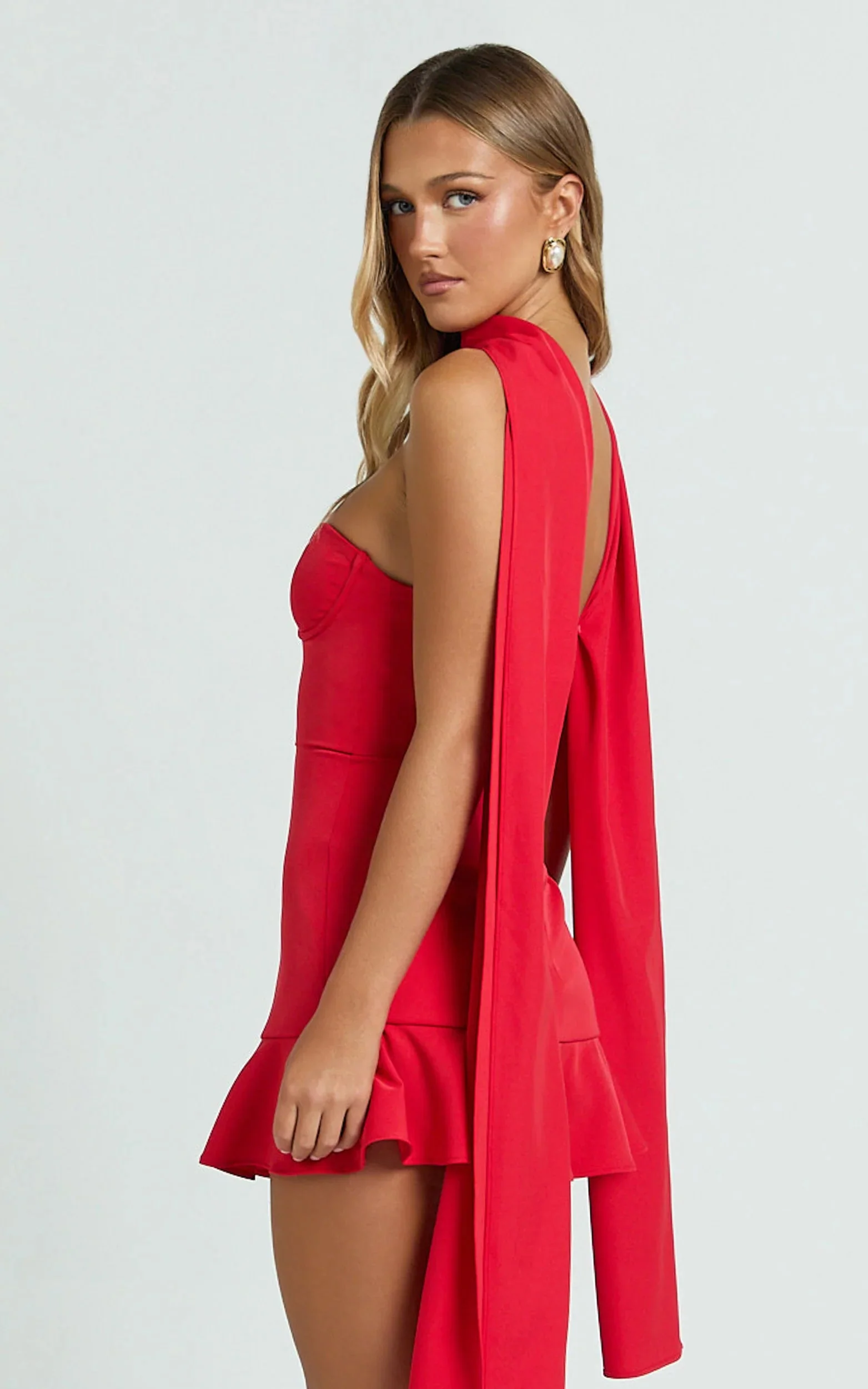 Rhea Mini Dress Strapless Bustier Fit Bodice Drop Waist Frill Hem Skirt in Raspberry