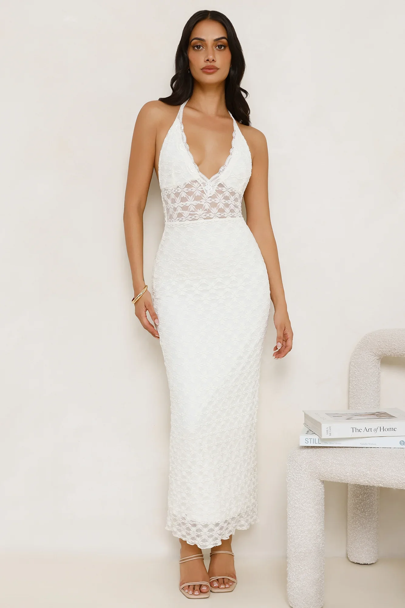 Lace Me Up Halter Maxi Dress Cream