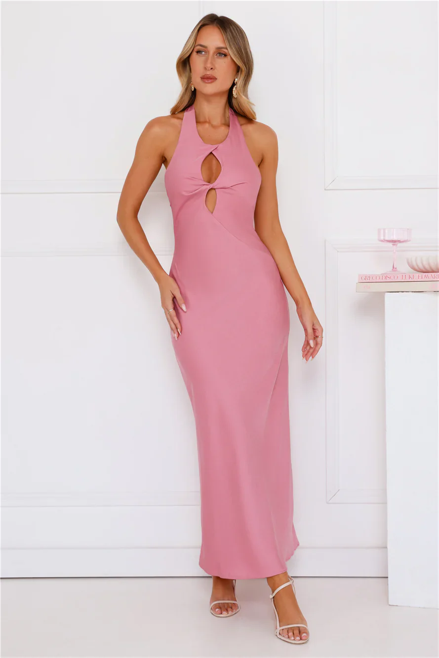 Impeccable Halter Satin Maxi Dress Pink
