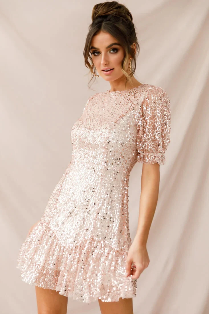 Shine On Sequin Overlay Puff Sleeve Dress Gold