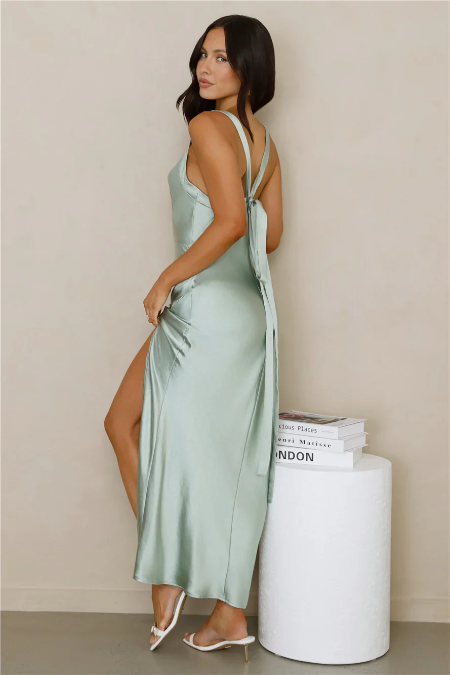 High Class Wedding Satin Maxi Dress Sage