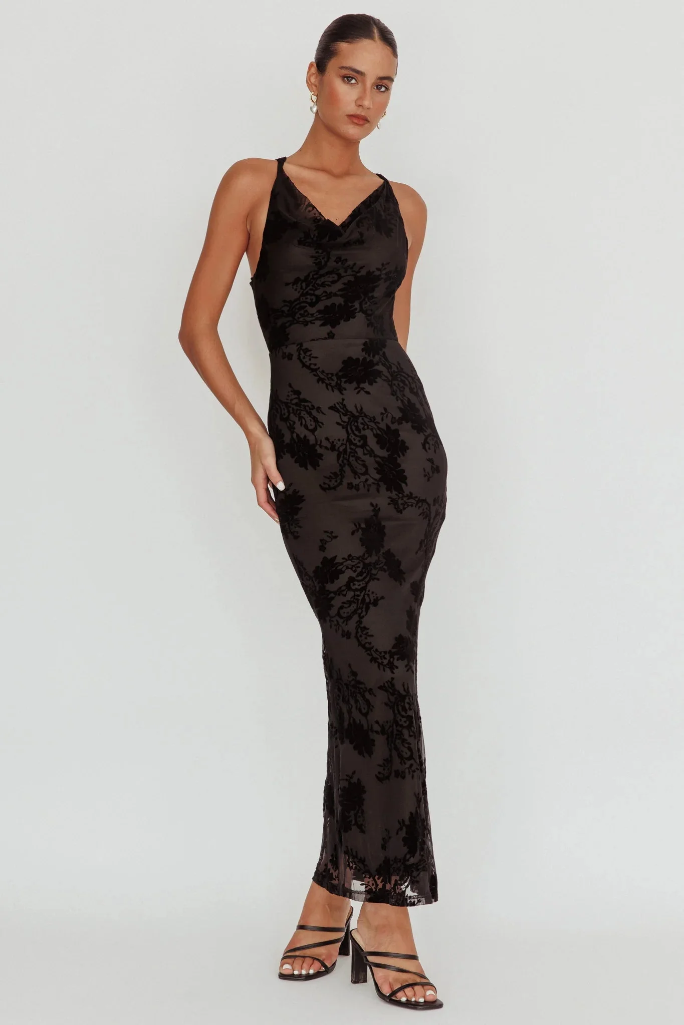 Delancy Cowl Neck Floral Maxi Dress Black