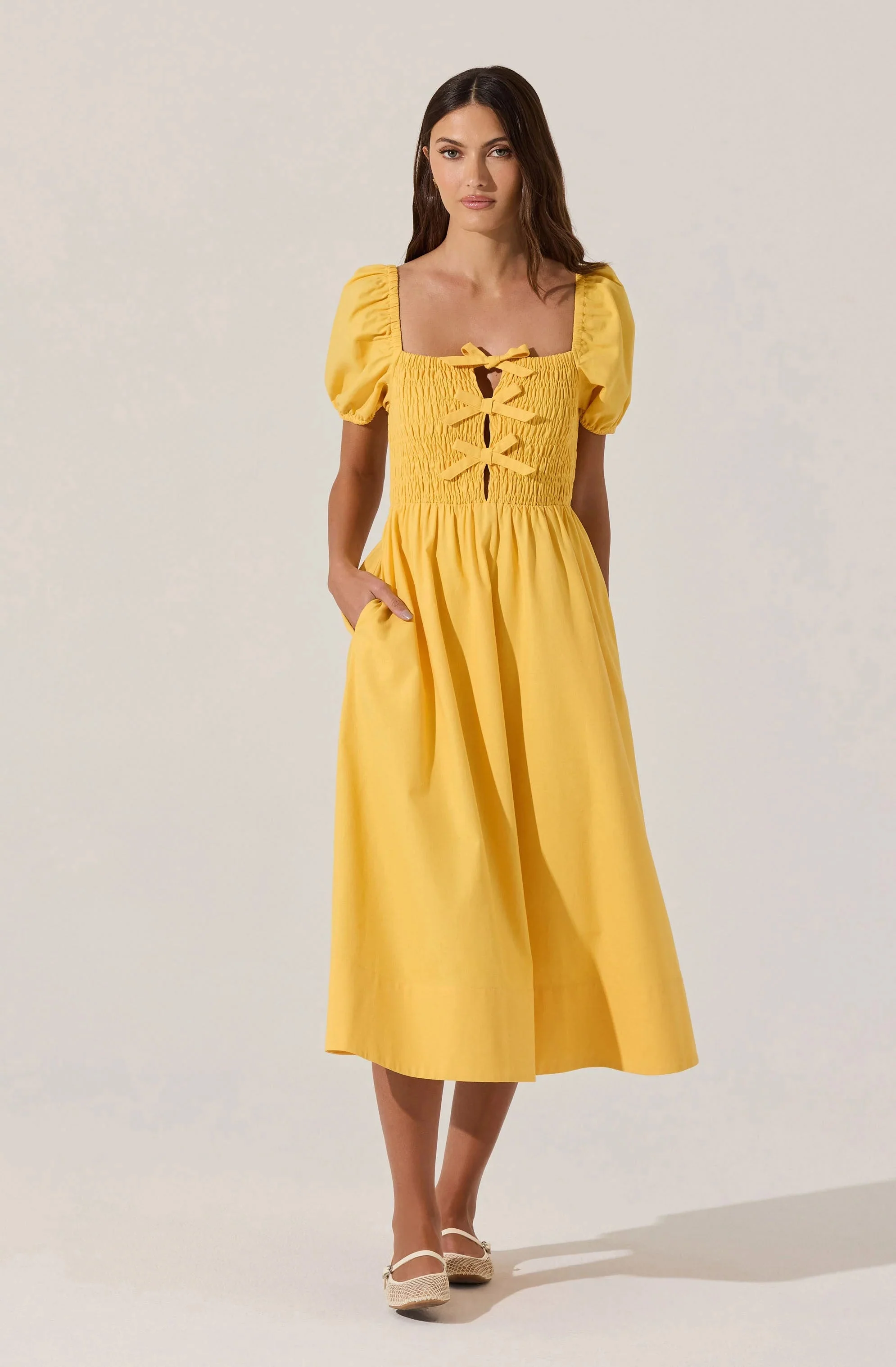 Smocked Bow Midi Dress