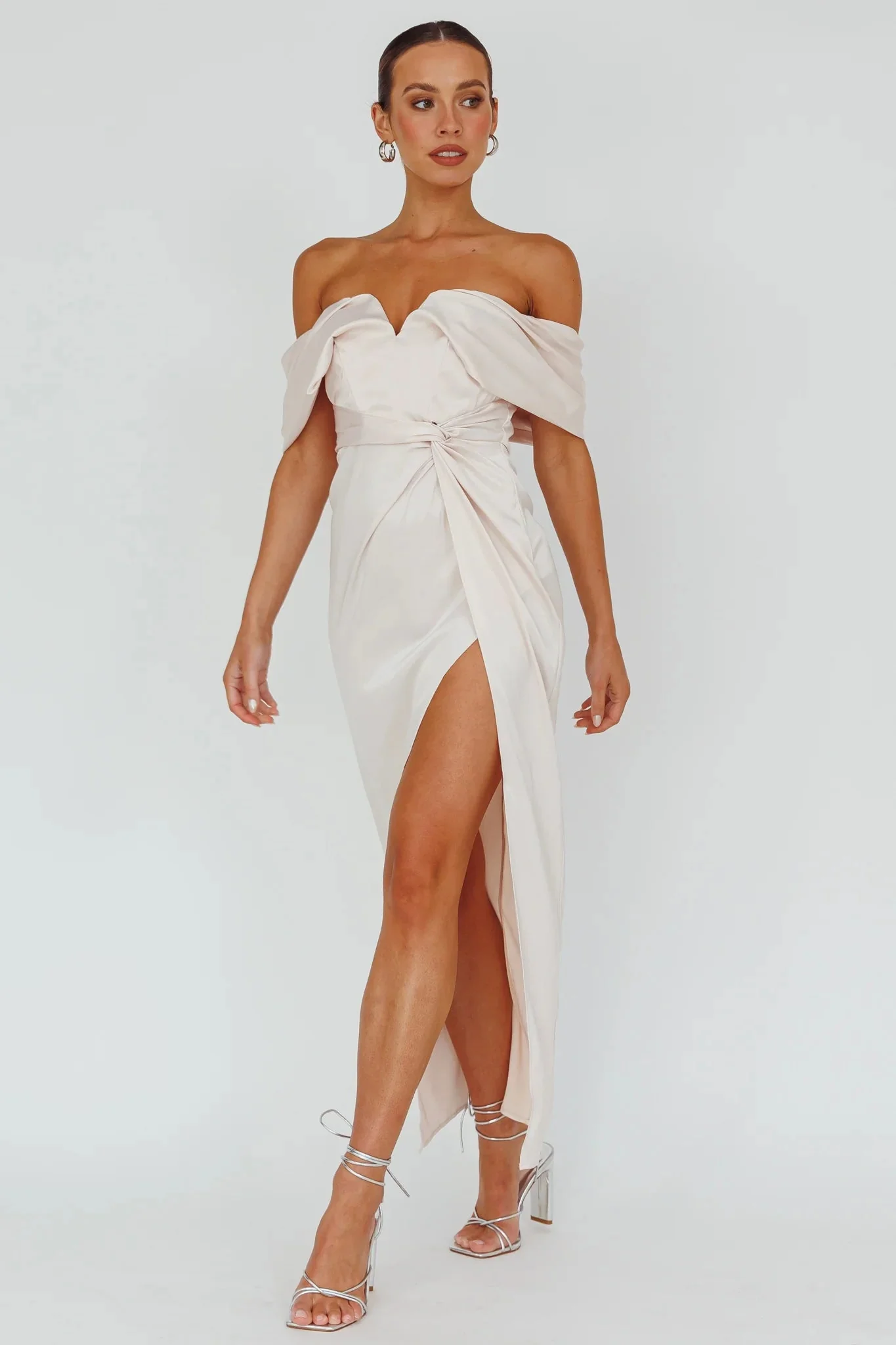 Amaryllis Off-Shoulder Twist Maxi Dress Pearl