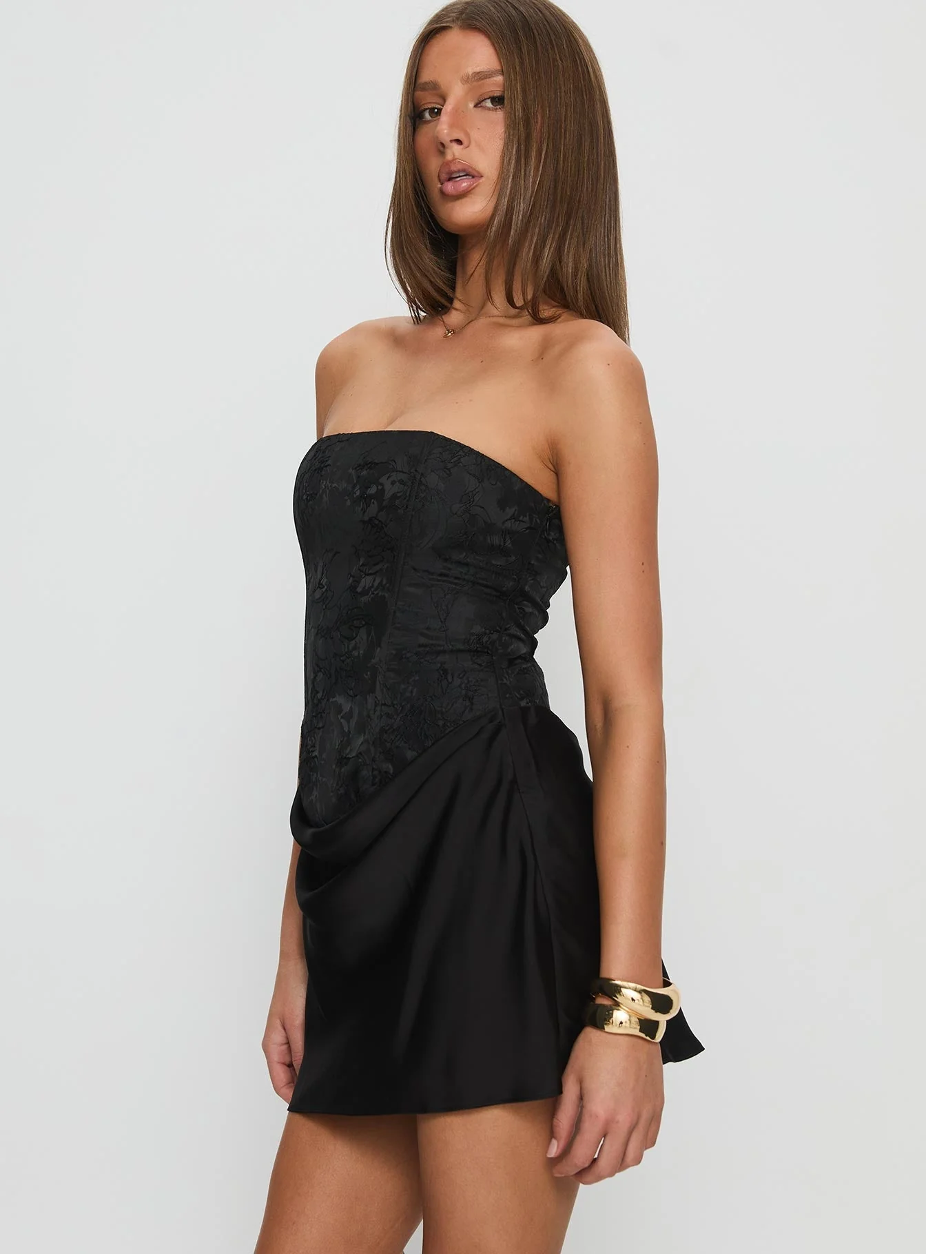 Jenevieve Strapless Drape Mini Dress Black