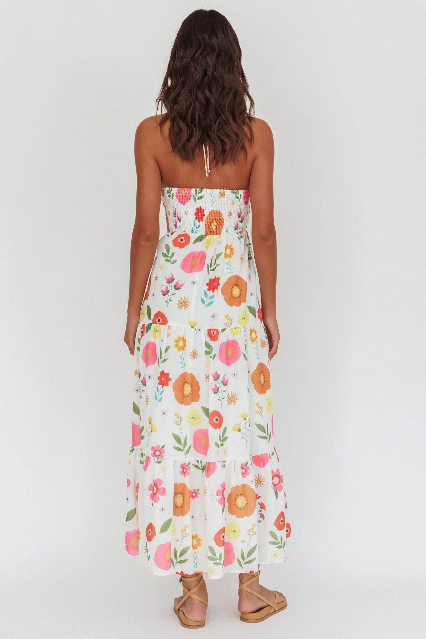 Asiah Gathered Bust Halterneck Maxi Dress Floral White