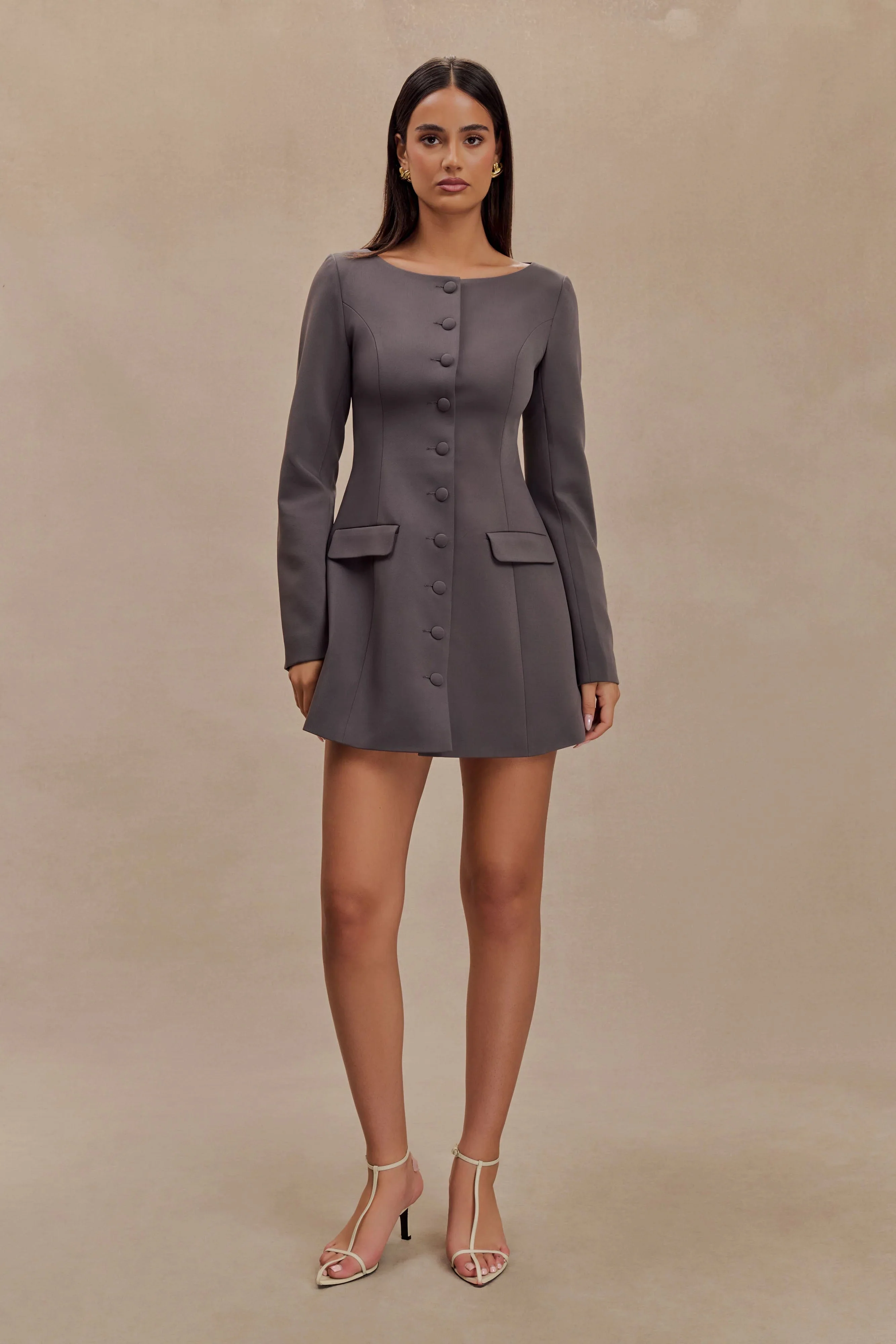 Jolie Boat Neck Suiting Mini Dress - Charcoal Grey