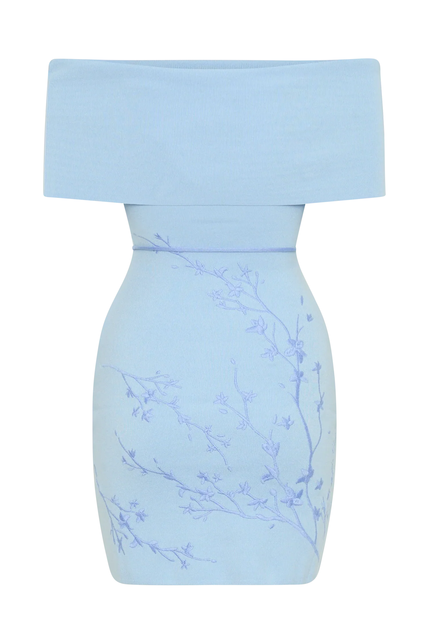 Mallory Off Shoulder Embroidered Knit Mini Dress - Ice Blue
