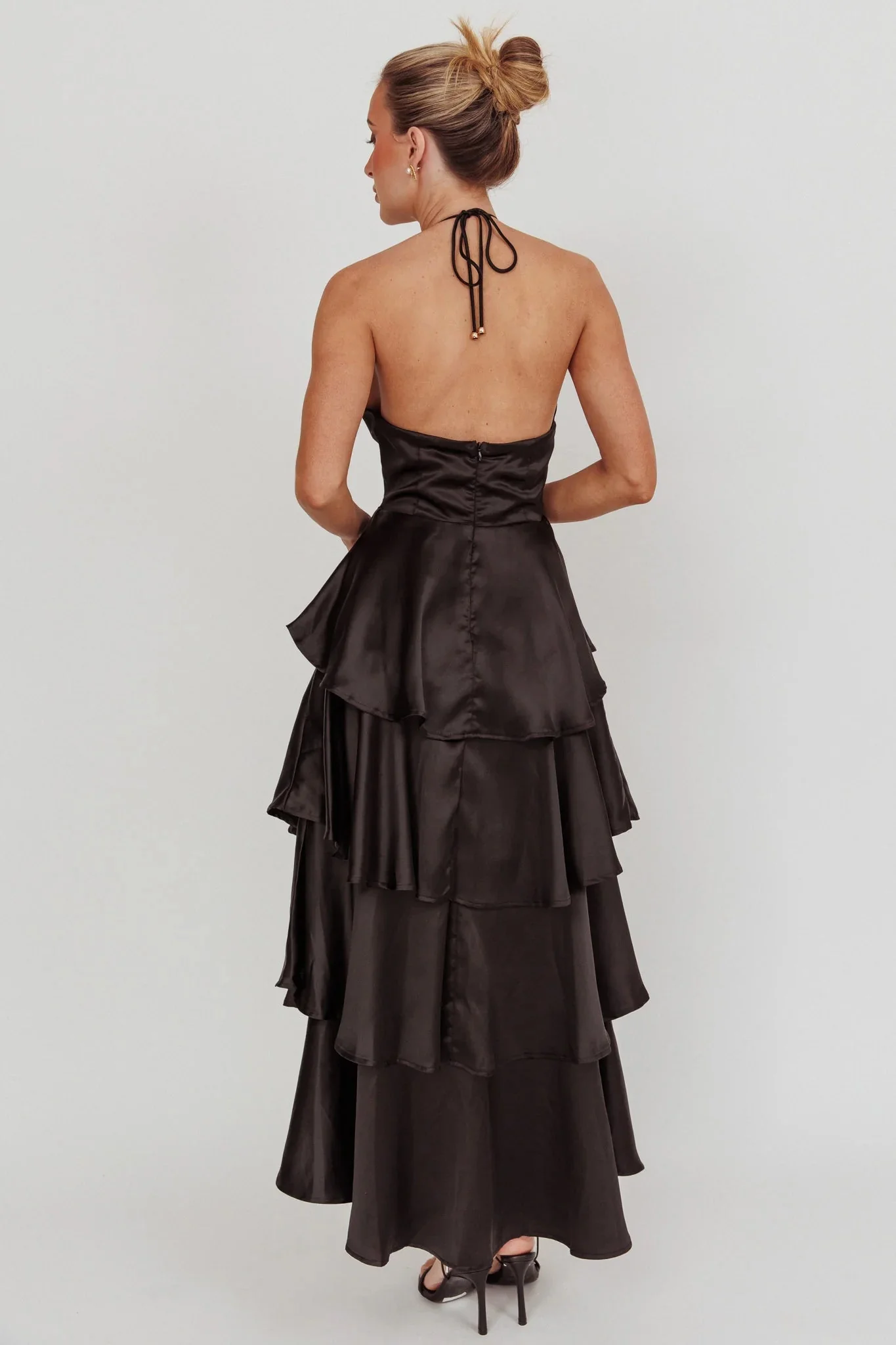 Catalina Tiered Ruffle Rosette Maxi Dress Black