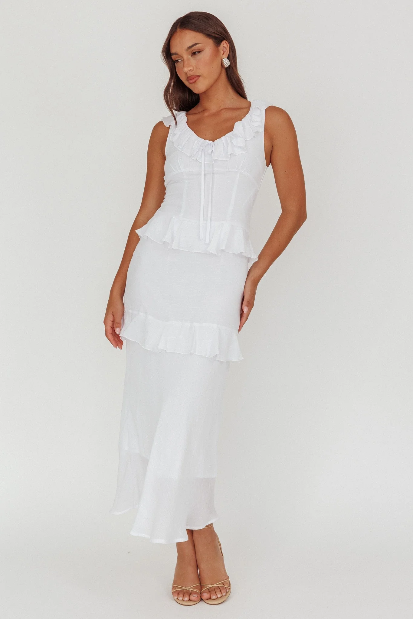 Arrabel Ruffle Trim Bust Tie Maxi Dress White