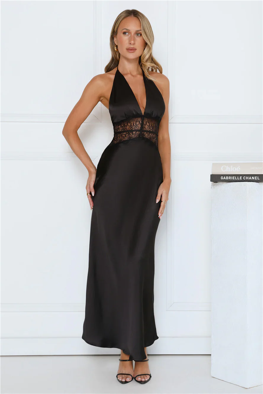 Ibiza Twilight Satin Lace Maxi Dress Black