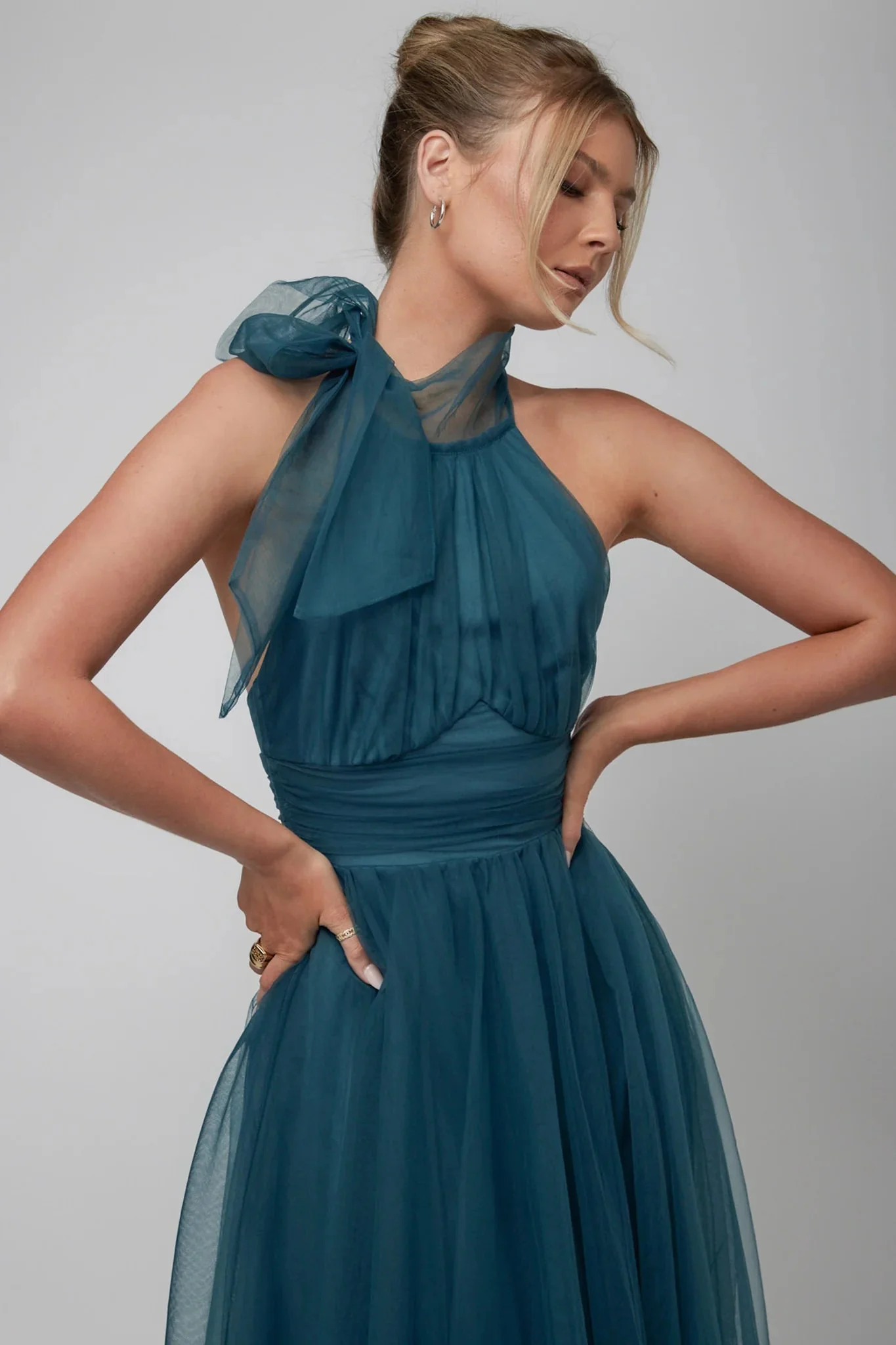 Andria Halterneck Tulle Midi Dress Teal