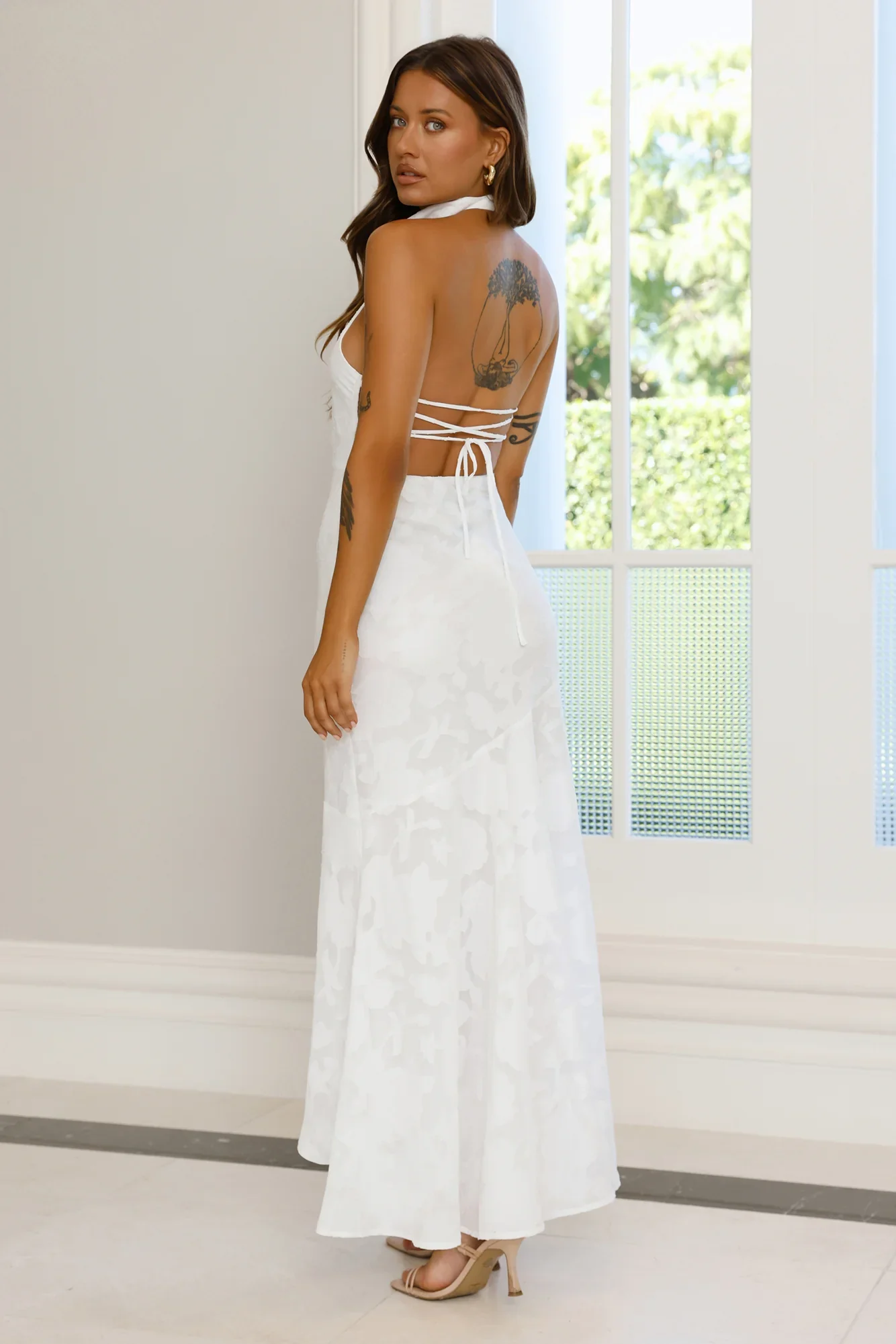 Hints Of Wildflowers Halter Maxi Dress White
