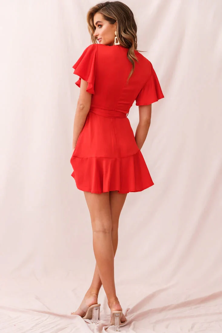 Cami Angel Sleeve Faux Wrap Dress Red