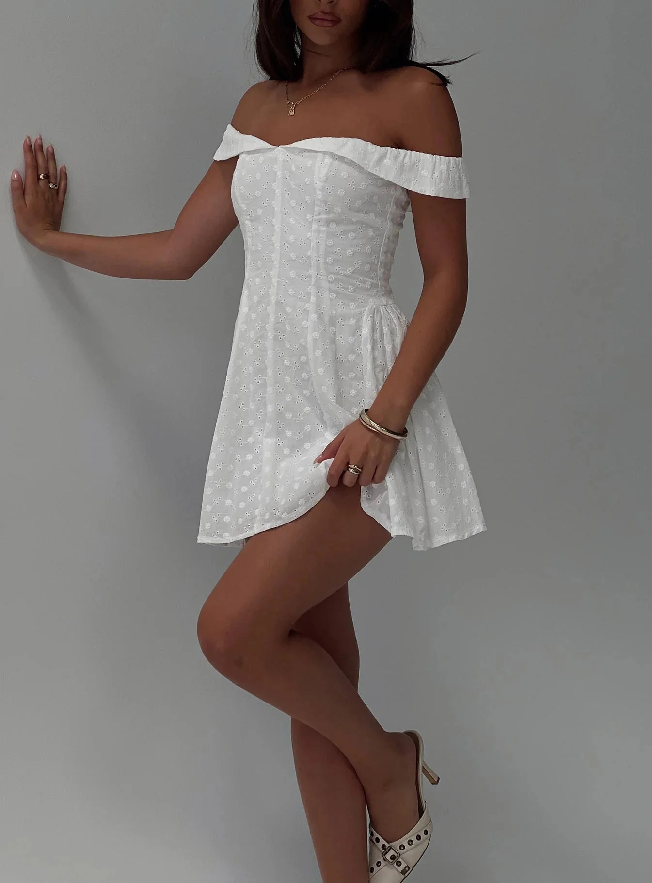 Rosebud Broderie Off The Shoulder Mini Dress White