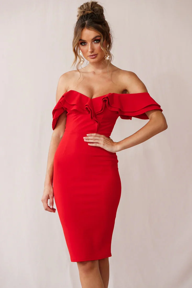 Rossi Ruffled Off The Shoulder Bodycon Dress Red