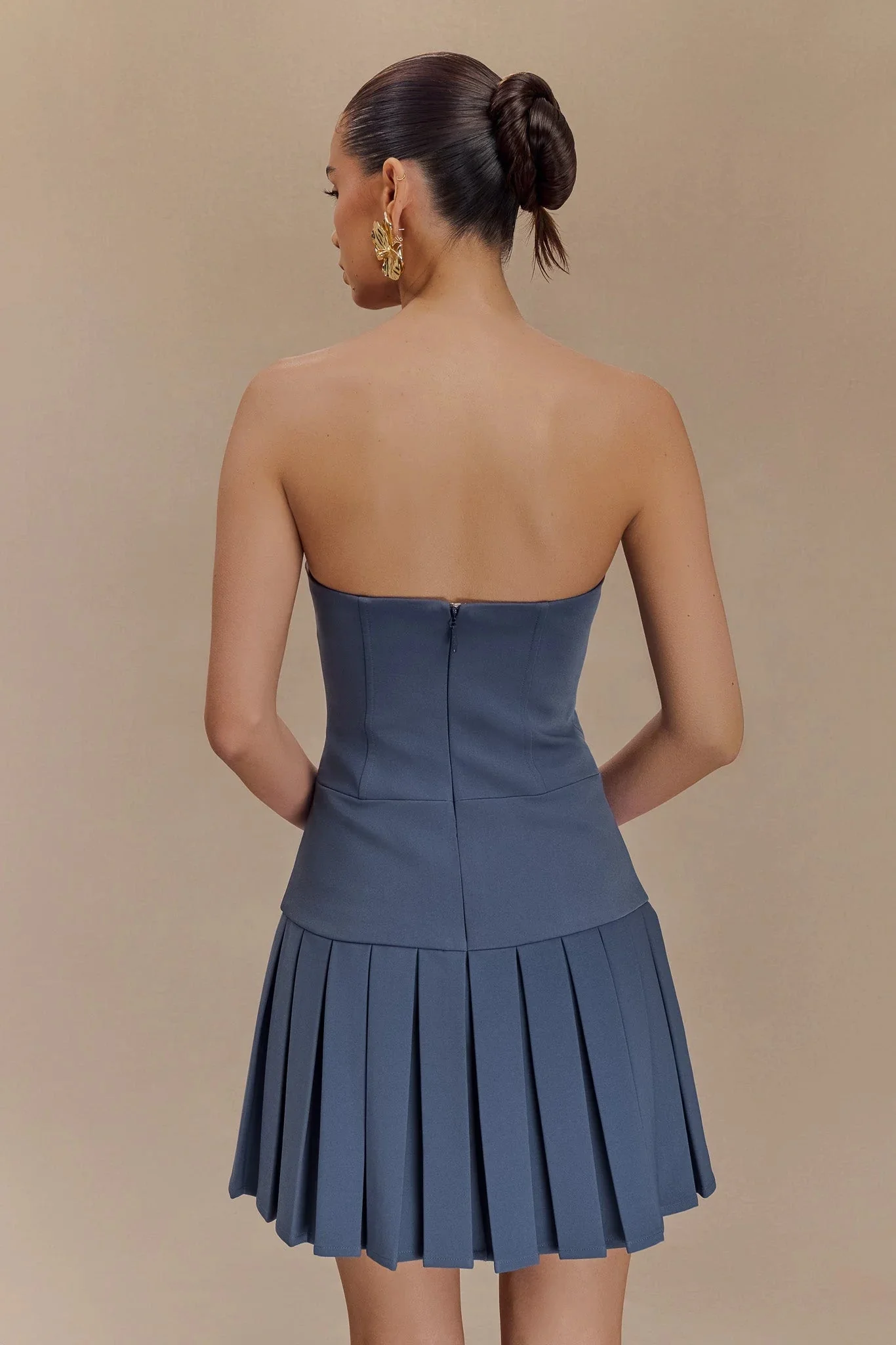 Naya Pleated Mini Dress With Ties - Steel