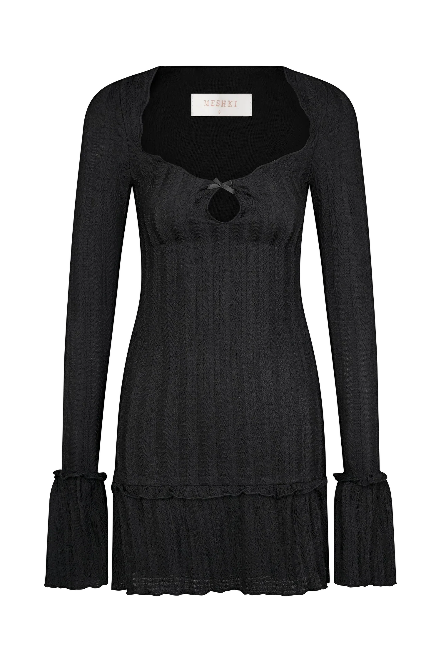 Daphne Pointelle Long Sleeve Mini Dress - Black