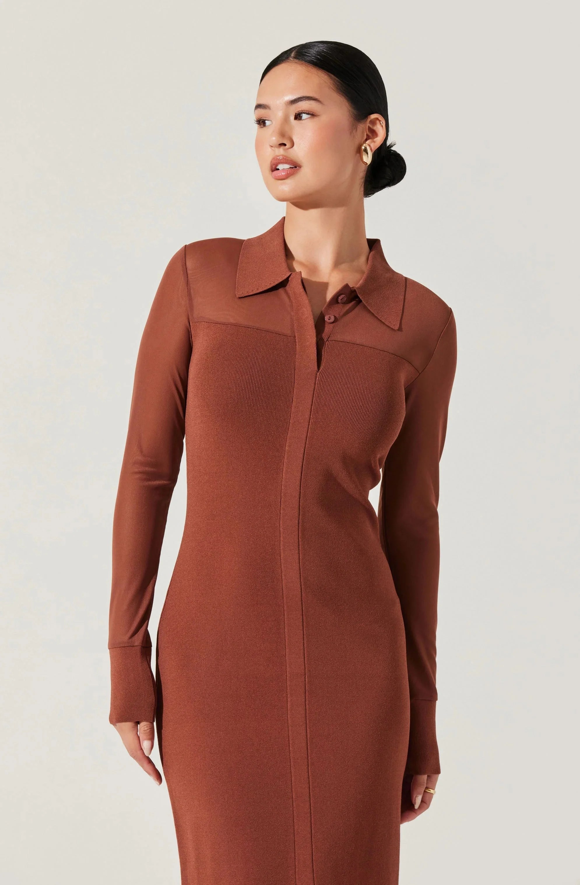 Contrast Mesh Collared Midi Dress