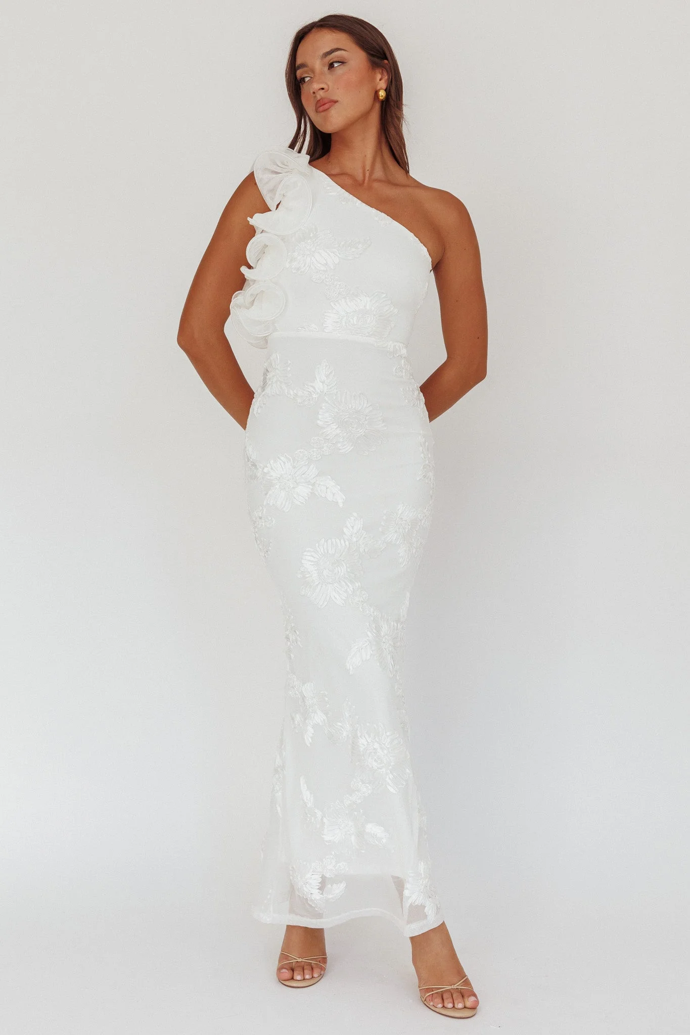 Deanna One-Shoulder Ruffle Maxi Dress Floral Texture White