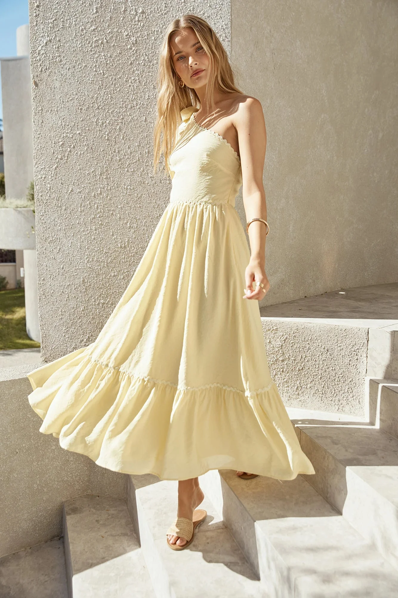 Busy Girl One Shoulder Maxi Dress Yellow
