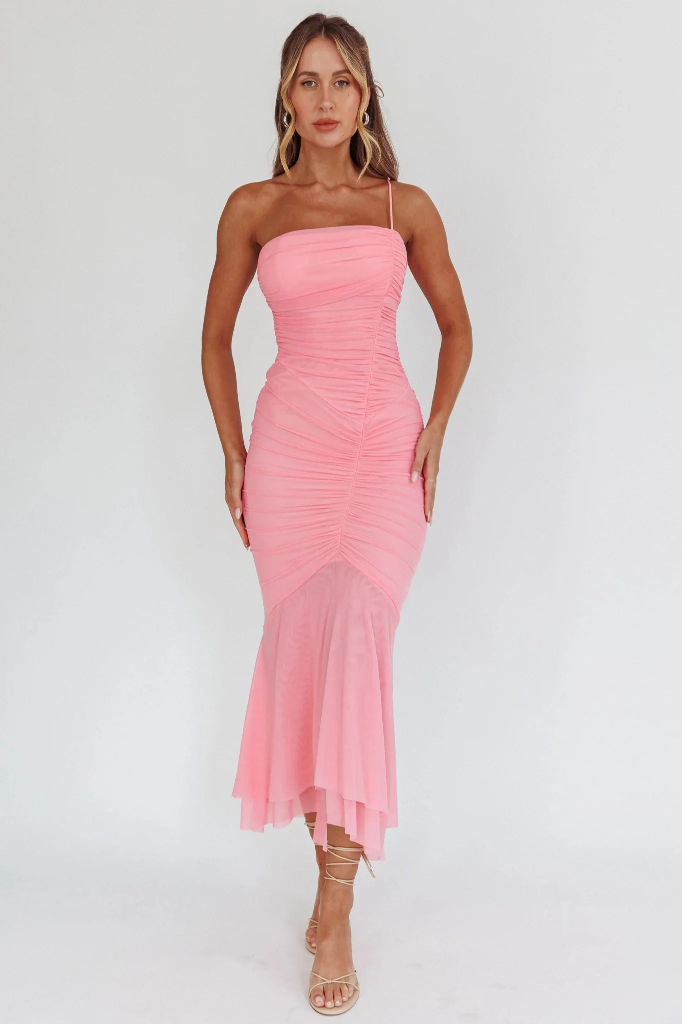 By Chance One Strap Ruched Maxi Dress Pink