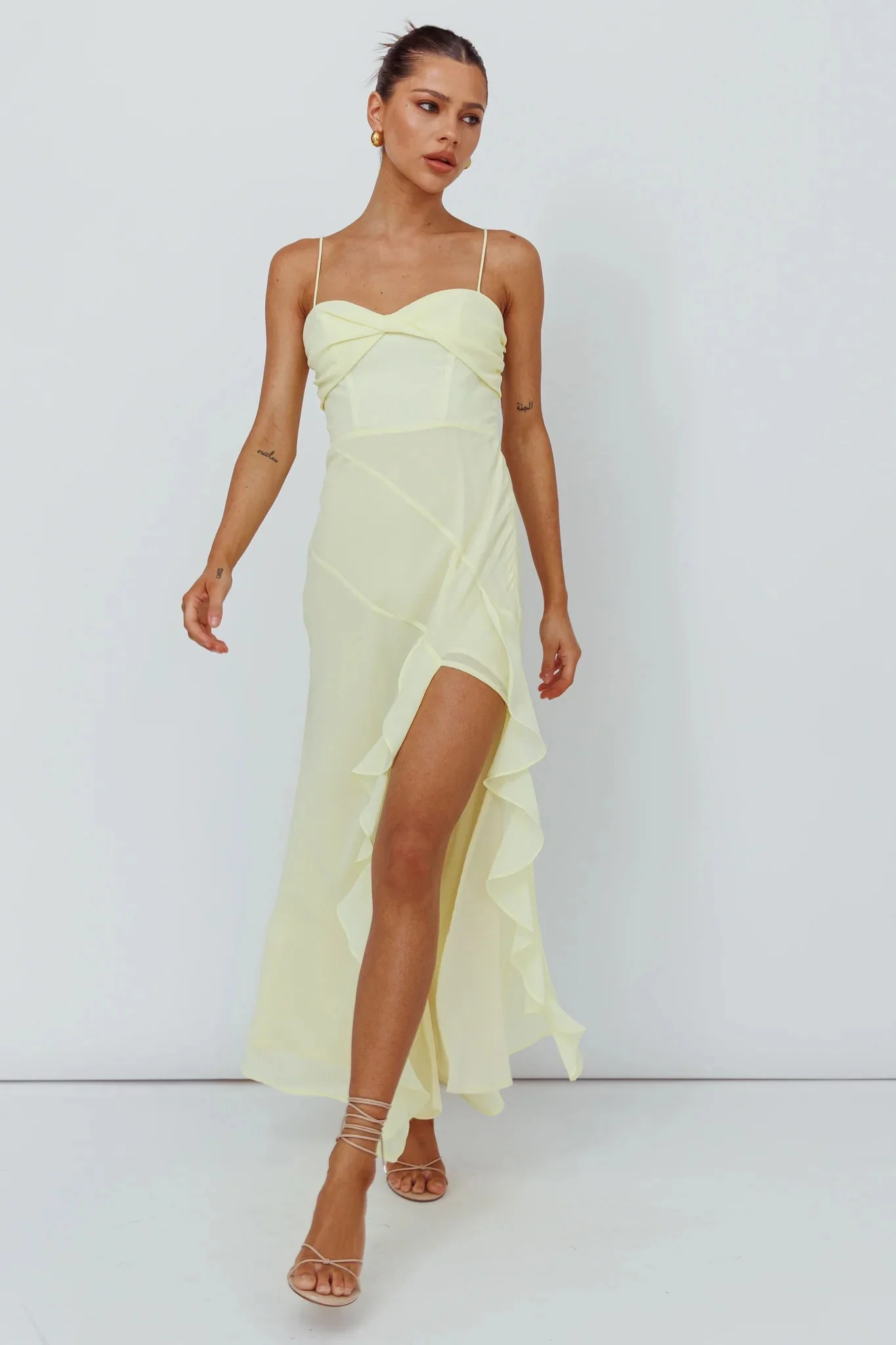 Jayna Ruffle Trim Split Dress Yellow