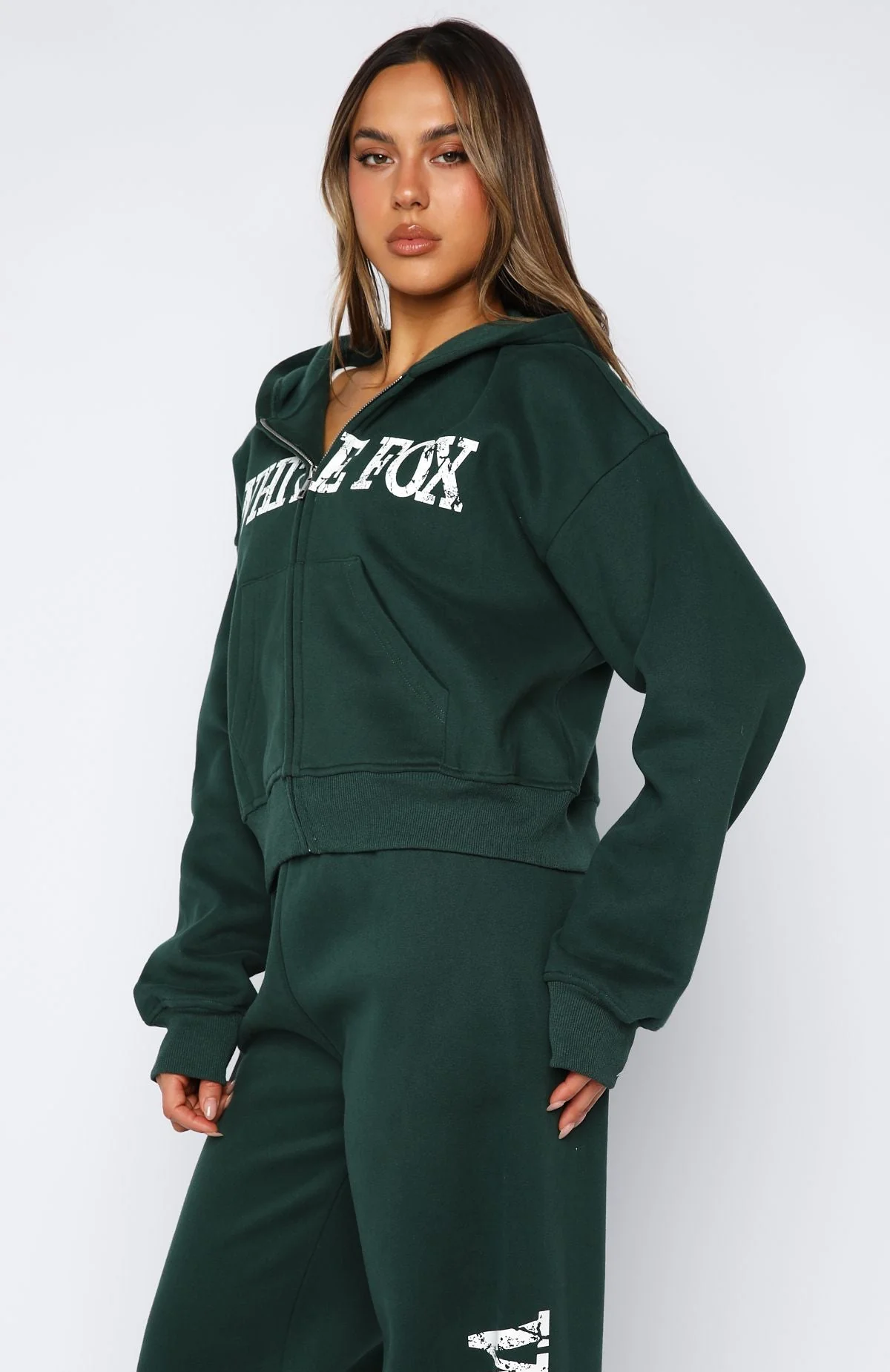 Brand New Start Boxy Zip Front Hoodie Forest Green