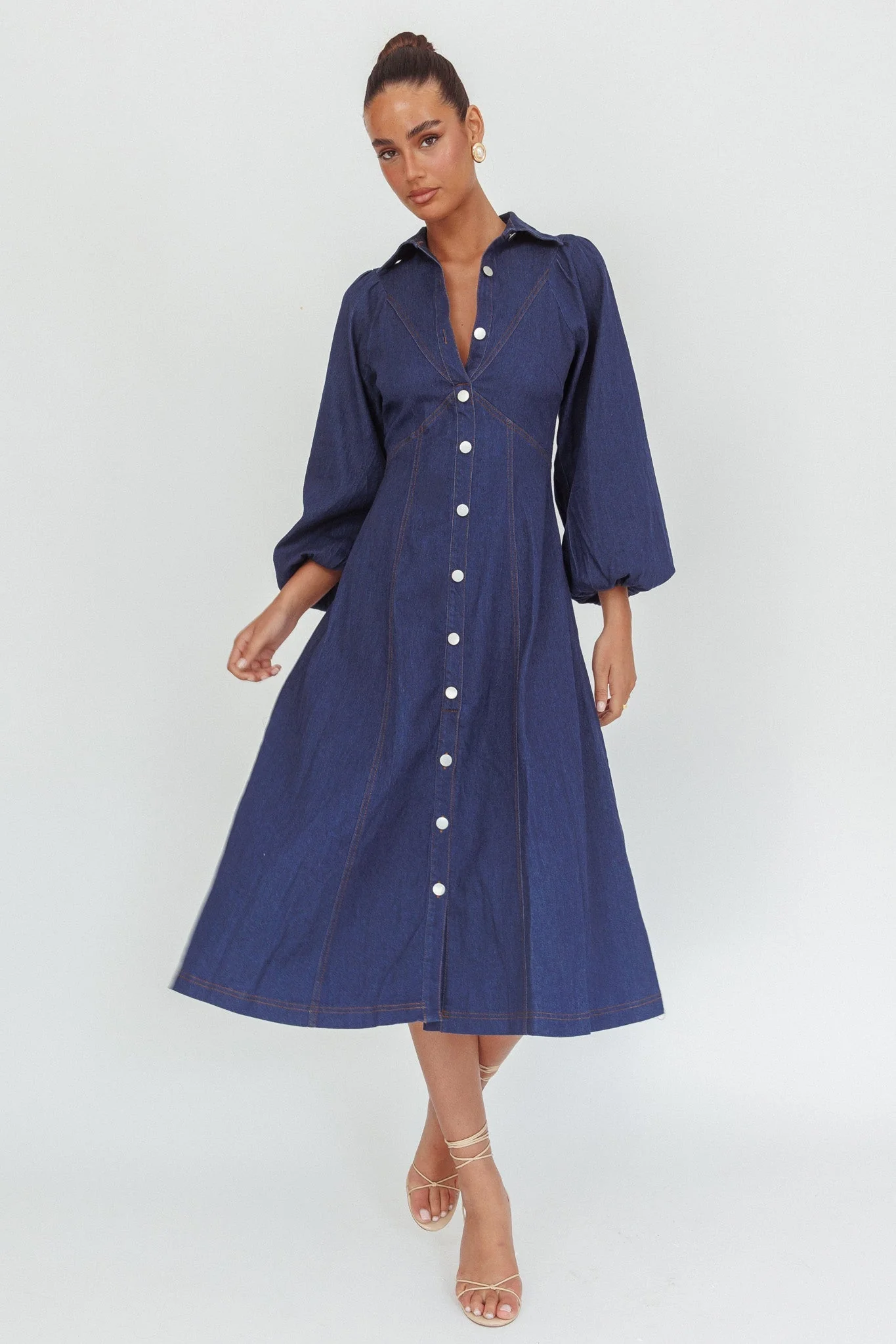 Ania Long Balloon Style Midi Dress Dark Denim