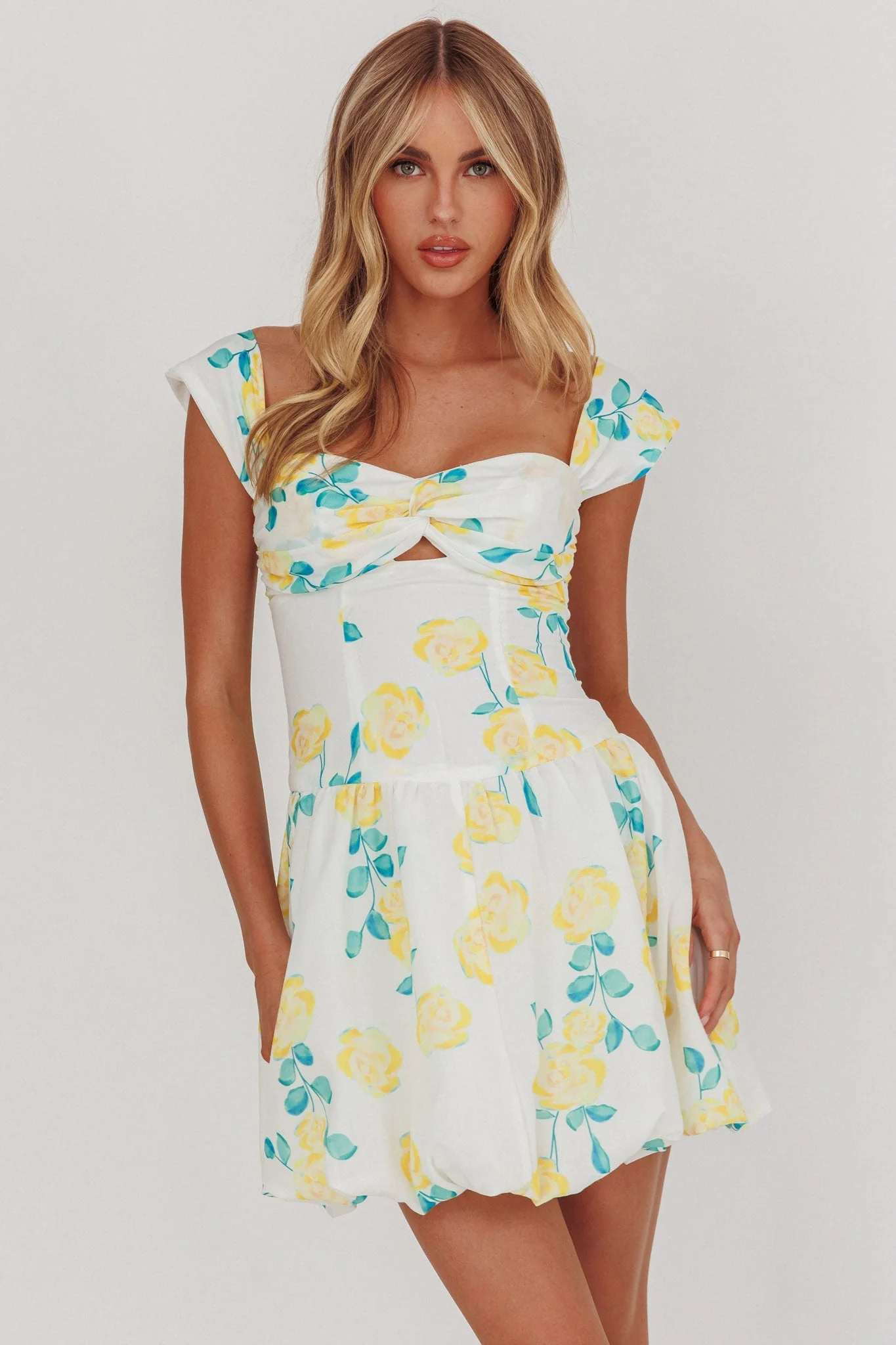 Cadi Twist Bust Balloon Mini Dress Floral Yellow