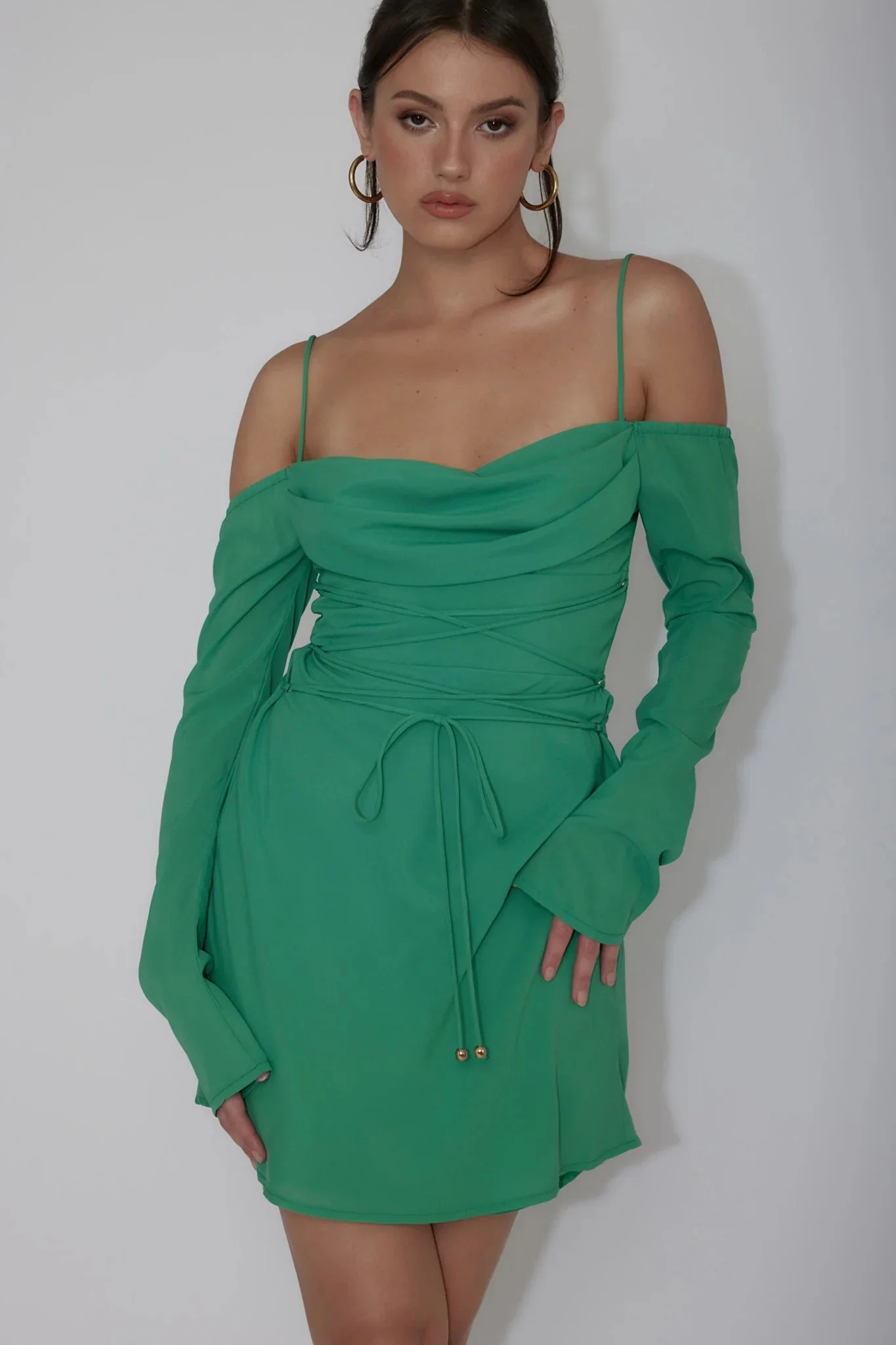 Teava Off-Shoulder Sleeve Laced Mini Dress Jade