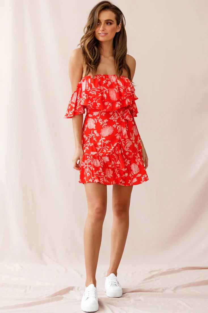 Audrina Off-Shoulder Wrap Dress Floral Print Red