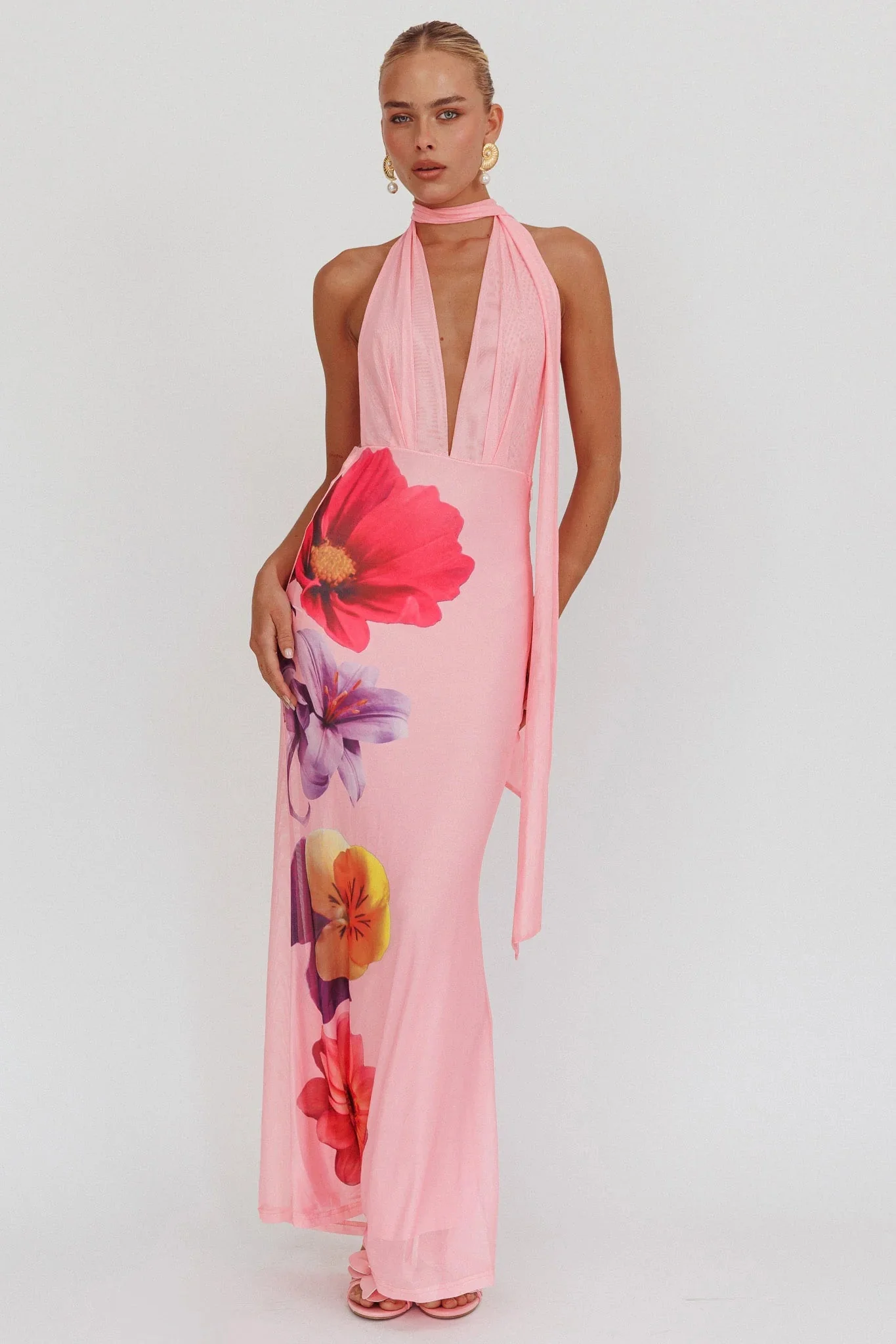 Italia Azure Halterneck Maxi Dress Flowers Pink