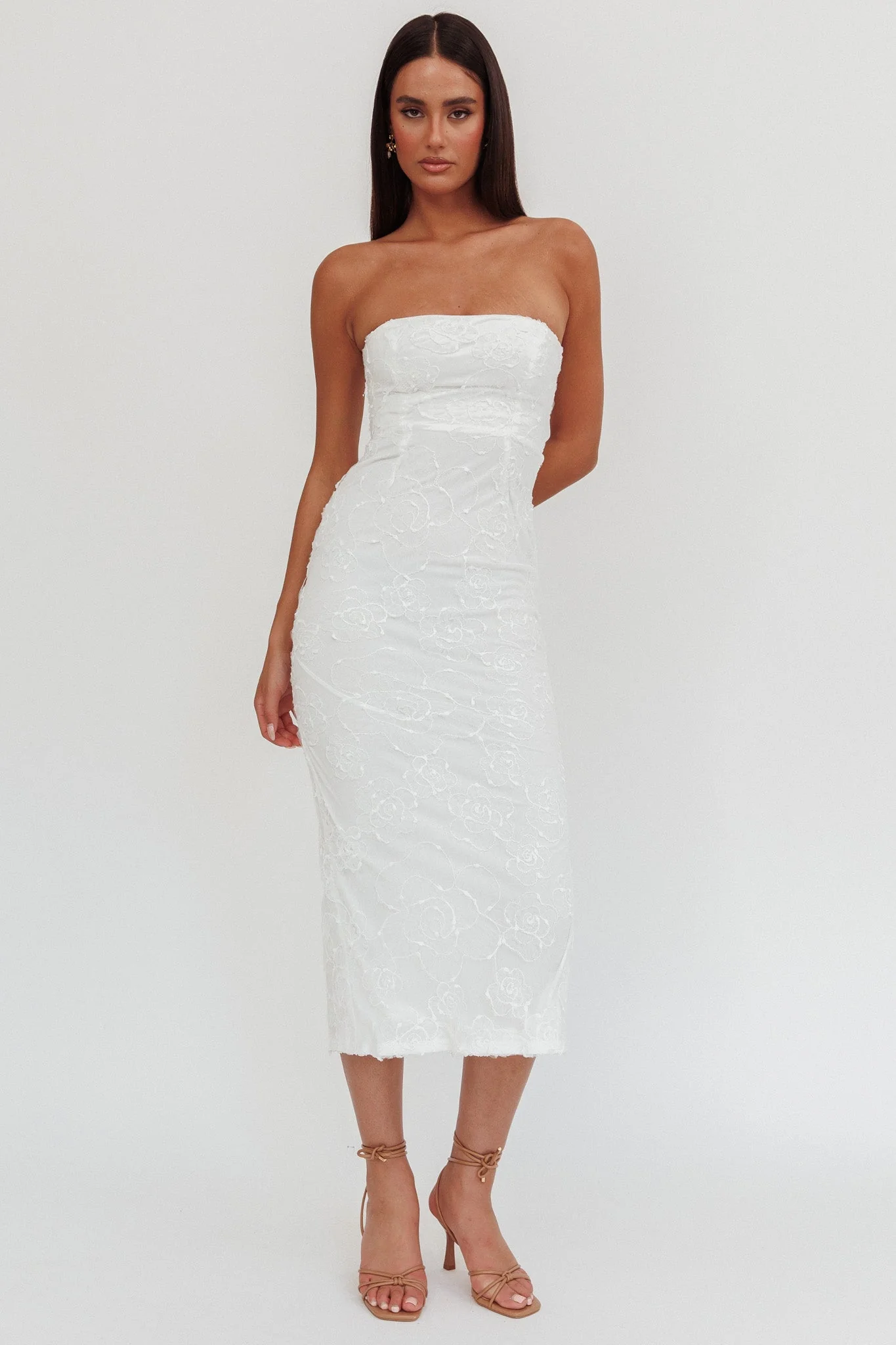 Bia Strapless Embroidered Midi Dress White