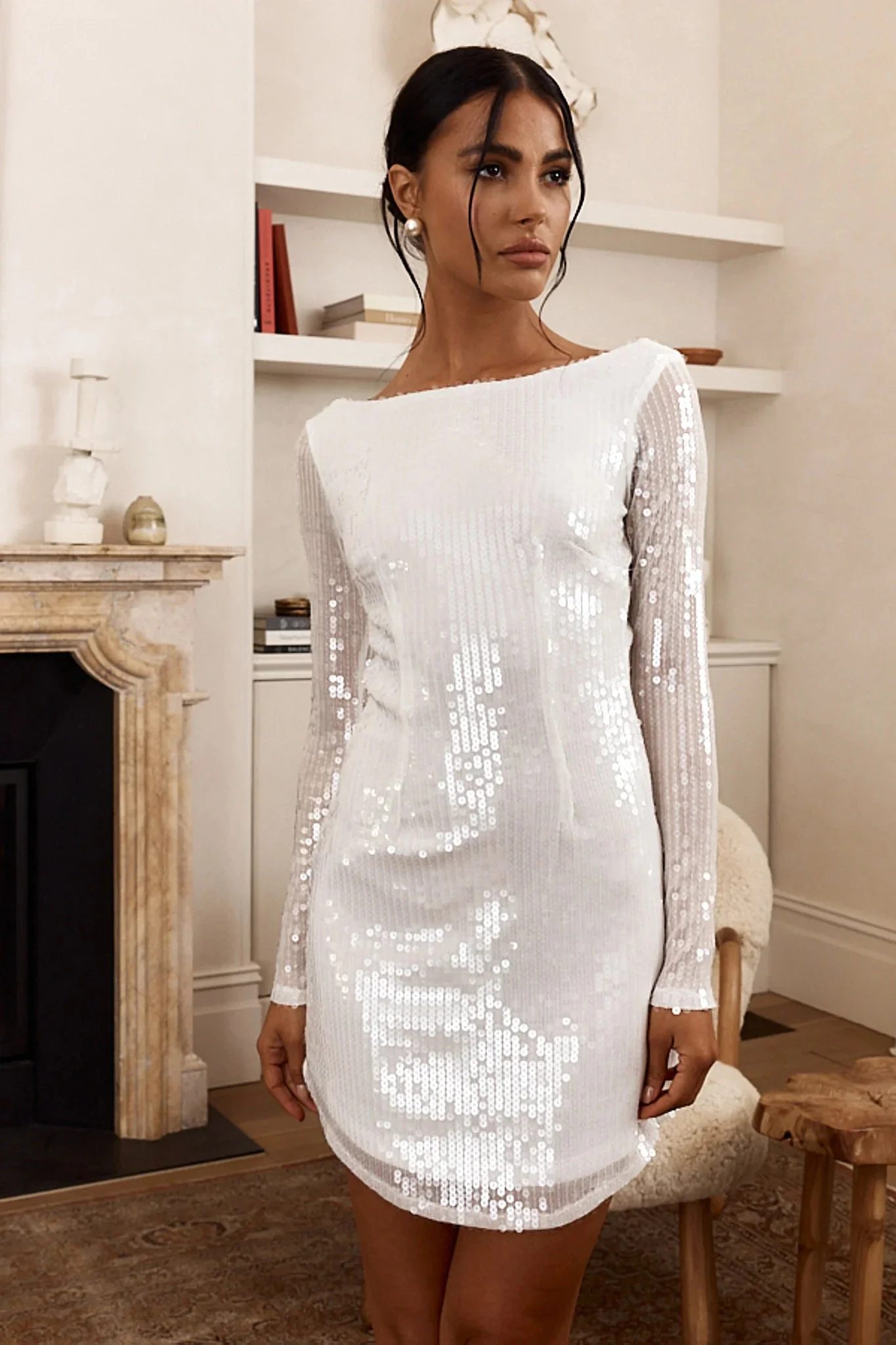 Karma Long Sleeve Keyhole Back Sequin Dress White