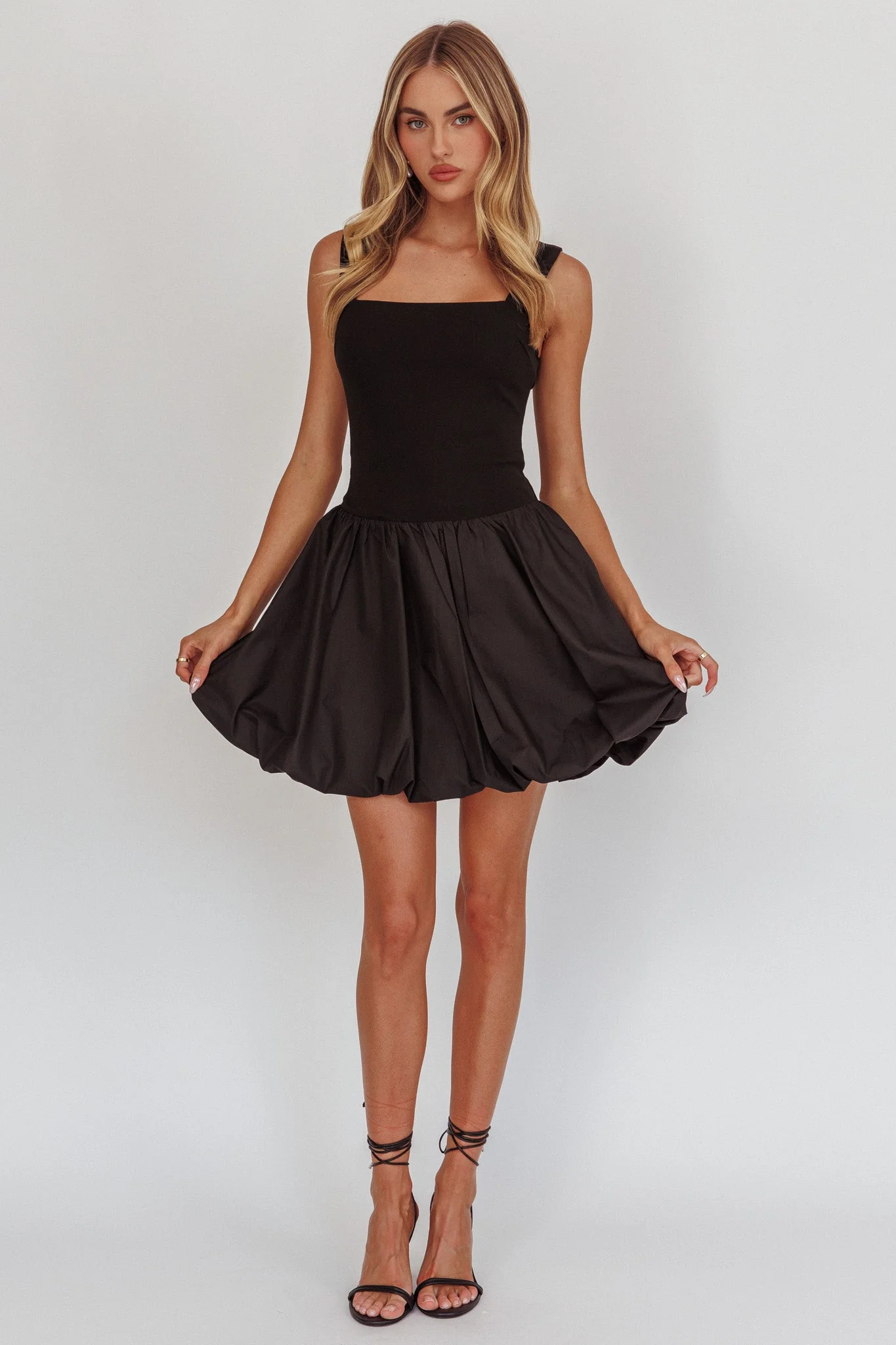 Like Art Square Neck Bubble Mini Dress Black