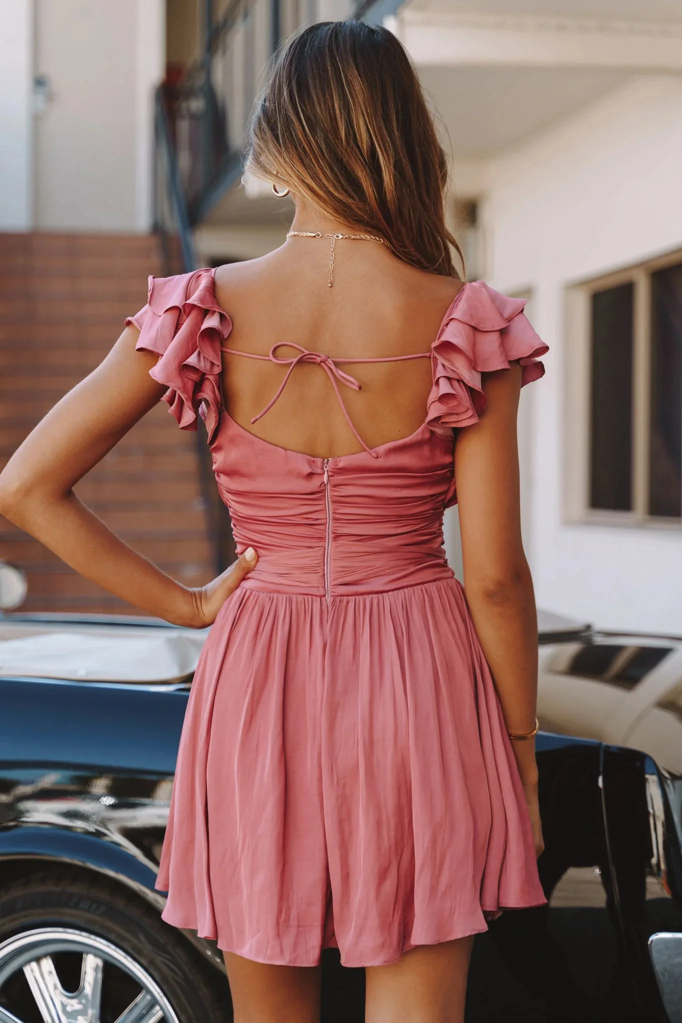 Lola Ruffle Shoulder Ruched Dress Rose